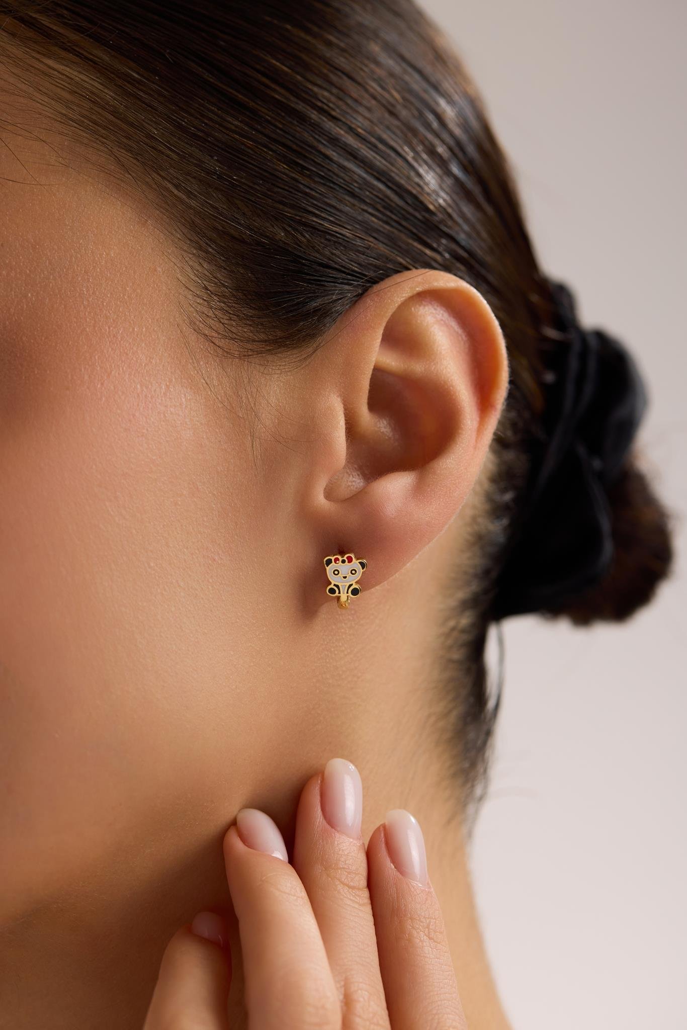 925 Ayar Gümüş Gold Kaplama Minik Panda Model Çocuk Küpe