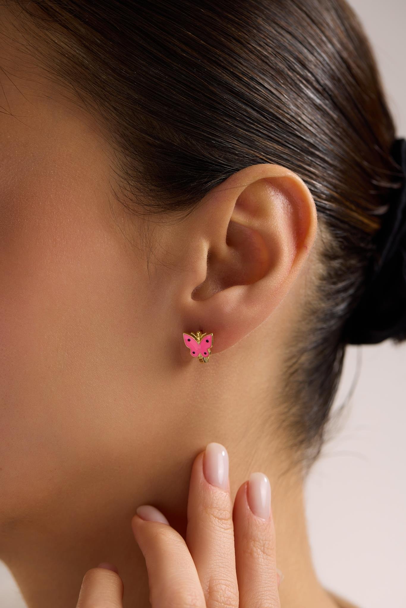 925 Ayar Gümüş Gold Kaplama Minik Pembe Kelebek Model Çocuk Küpe