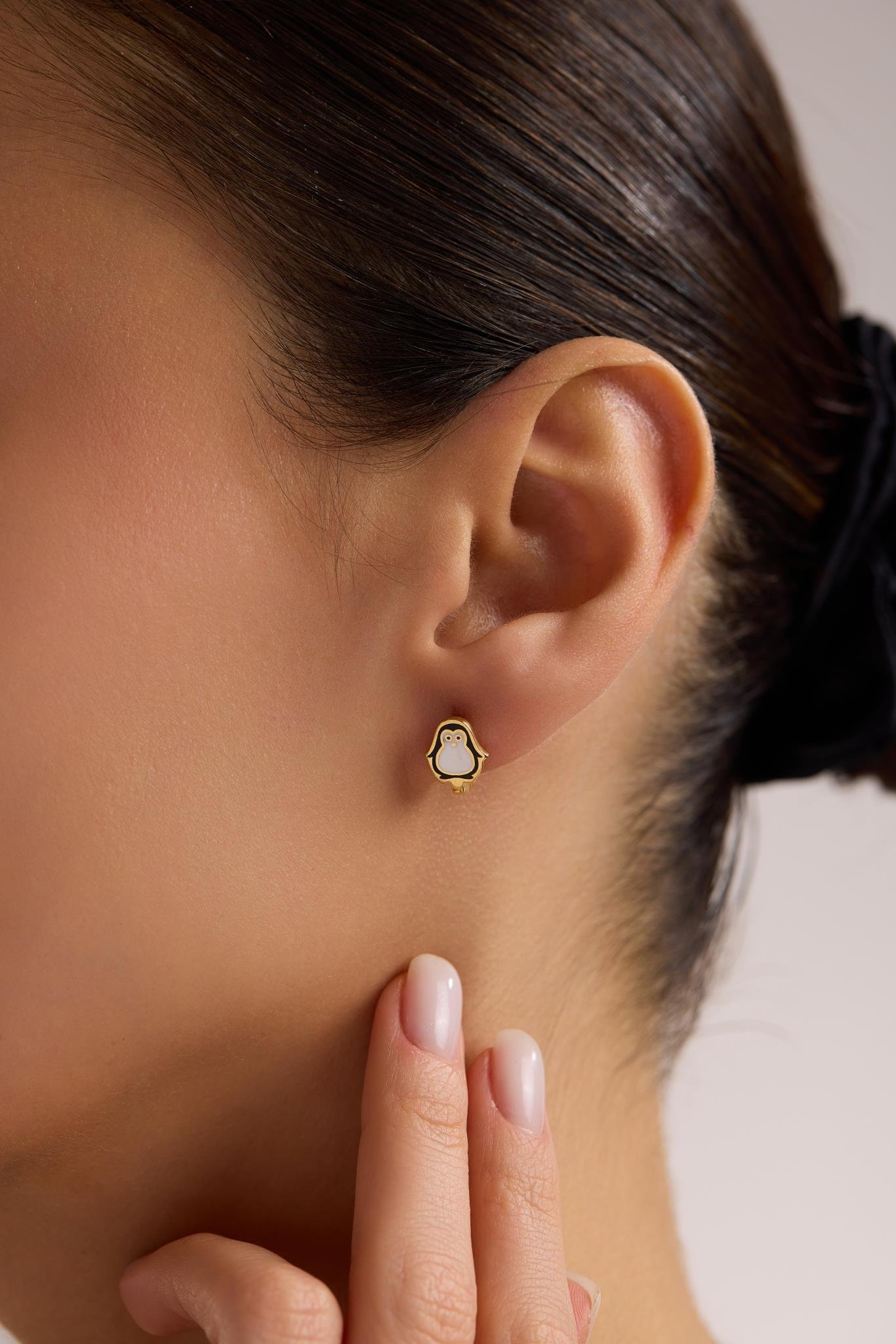 925 Ayar Gümüş Gold Kaplama Minik Penguen Model Çocuk Küpe