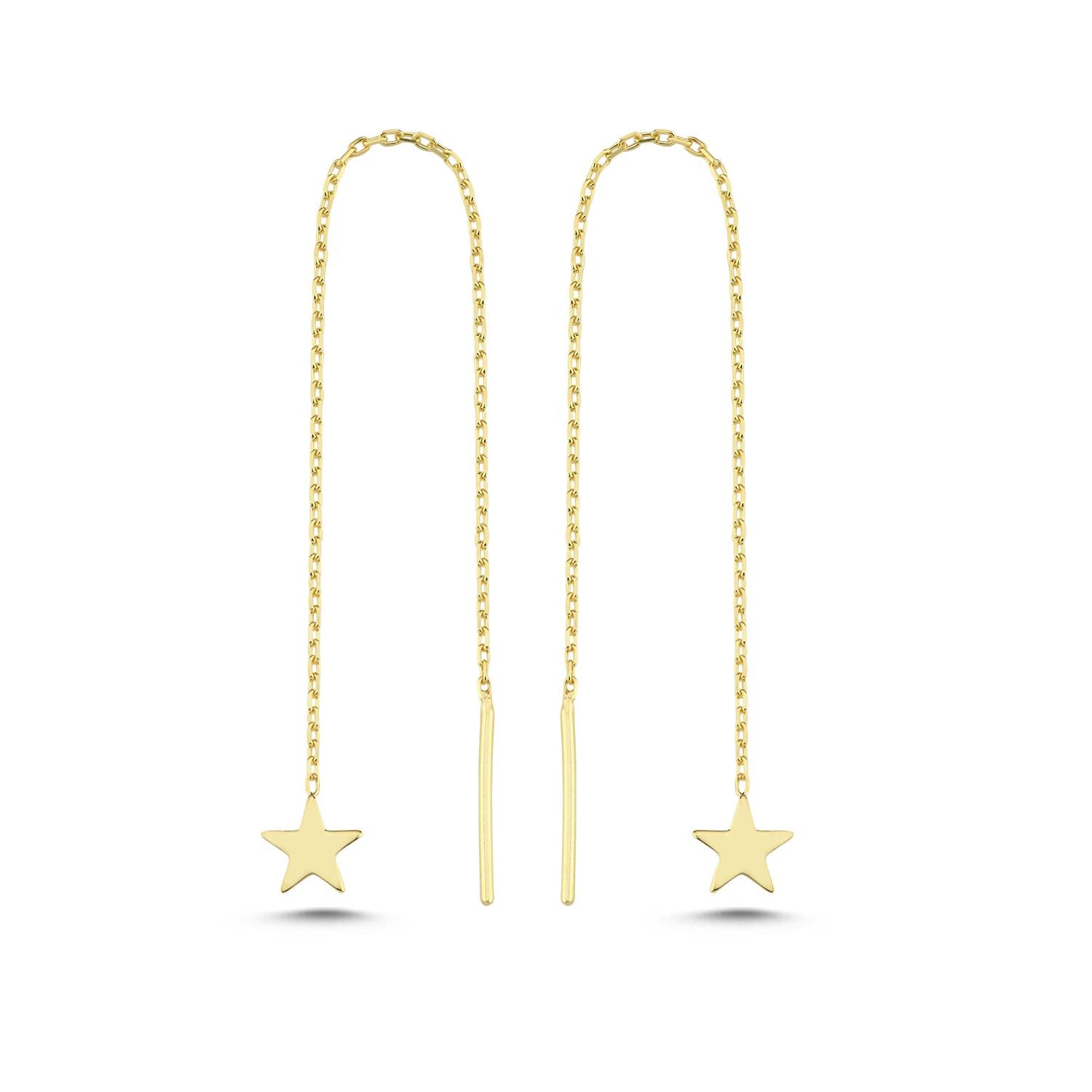 925 Ayar Gümüş Gold Kaplama Minik Yıldız Zincir Küpe