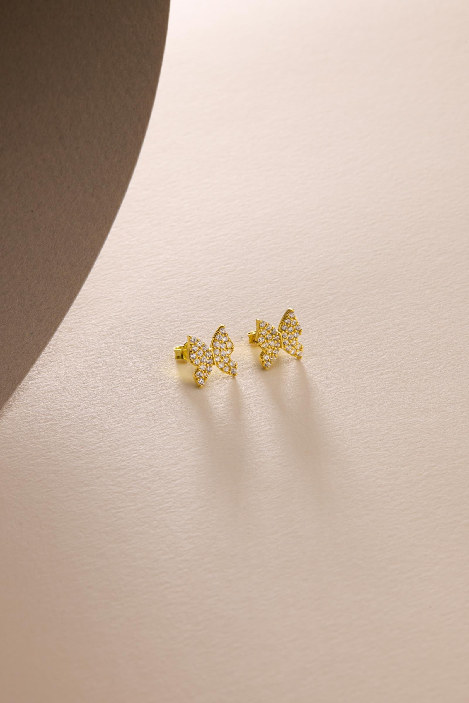 925 Ayar Gümüş Gold Kaplama Minik zirkon Taşlı Kelebek Küpe