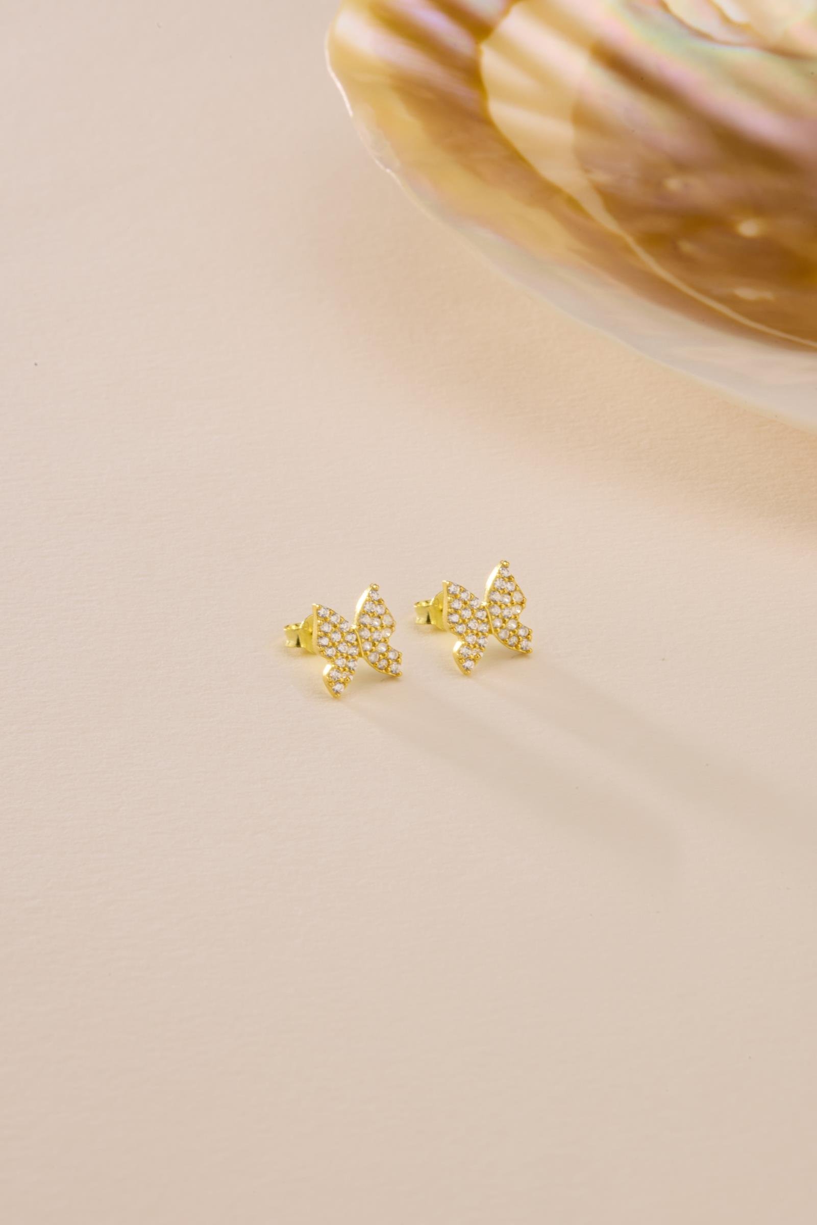 925 Ayar Gümüş Gold Kaplama Minik zirkon Taşlı Kelebek Küpe