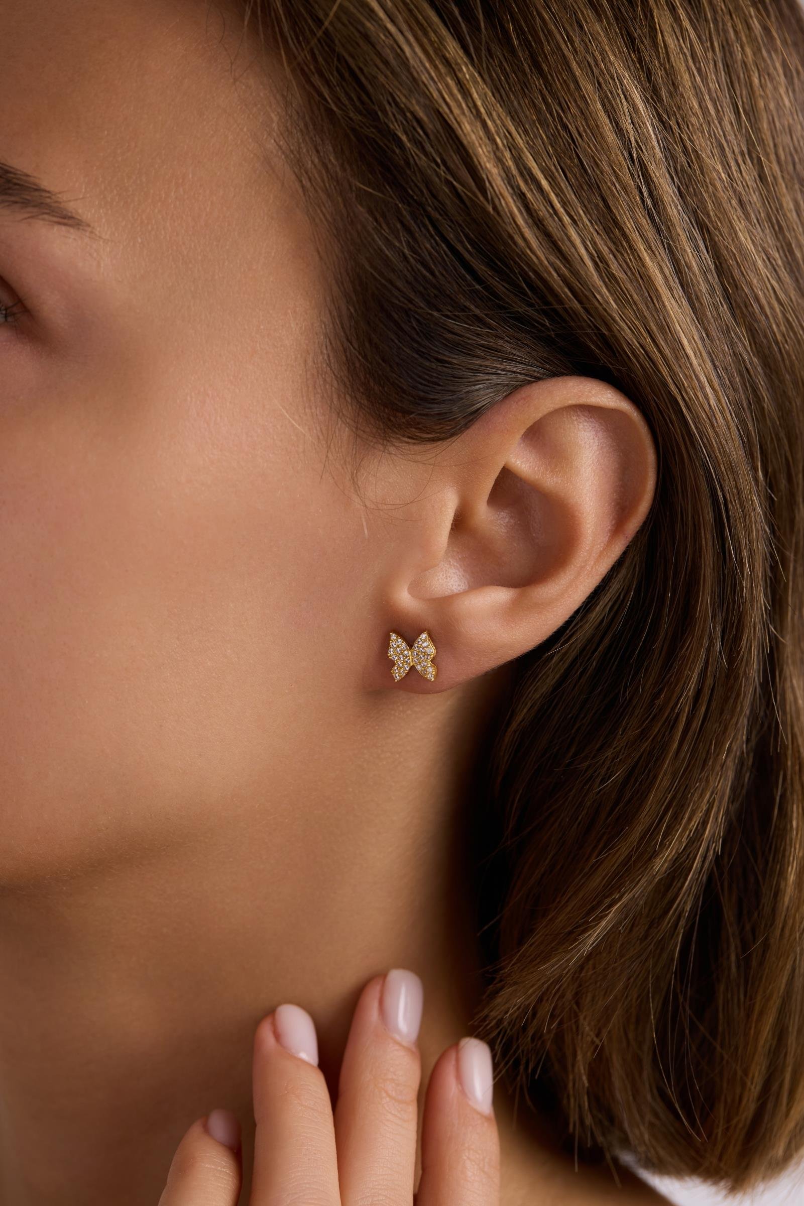 925 Ayar Gümüş Gold Kaplama Minik zirkon Taşlı Kelebek Küpe