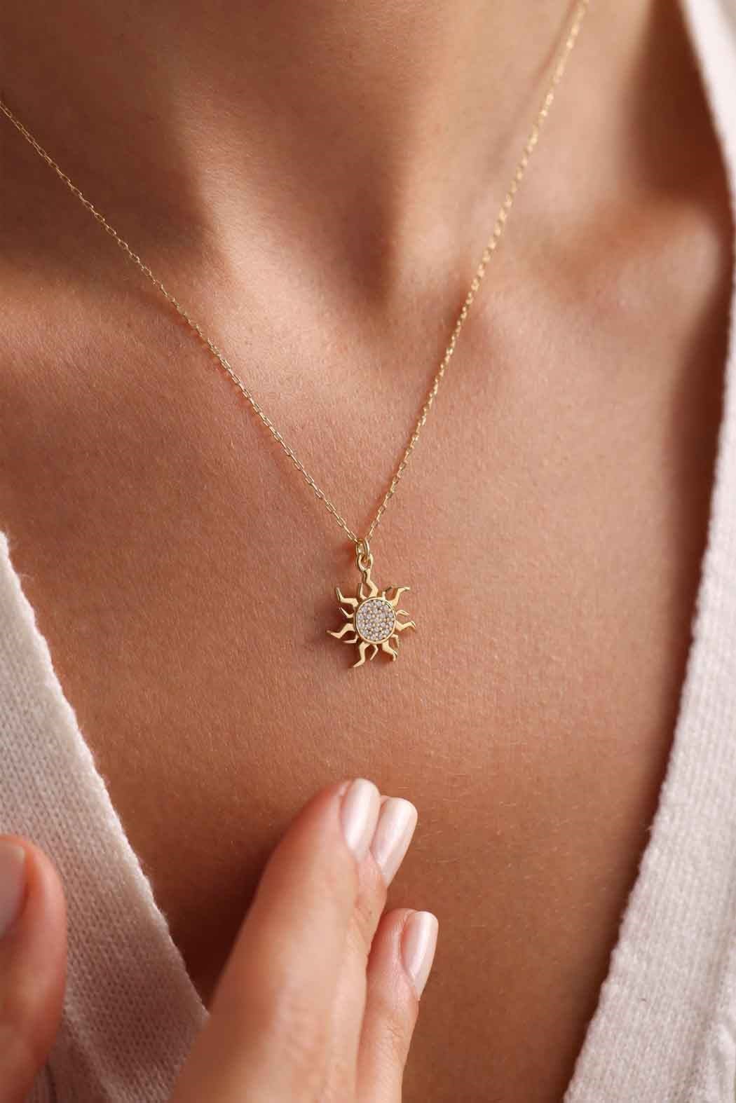 925 Ayar Gümüş Gold Kaplama Minimal Güneş Kolye