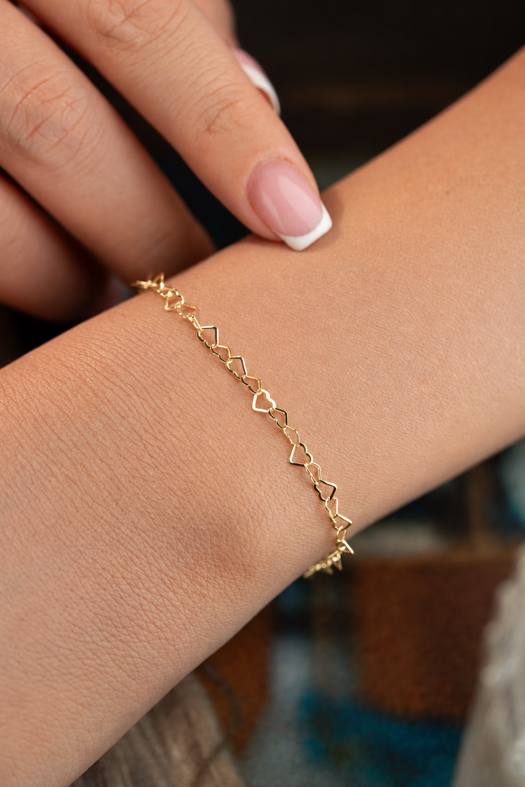 925 Ayar Gümüş Gold Kaplama Minimal Sade Sıralı Kalp Bileklik