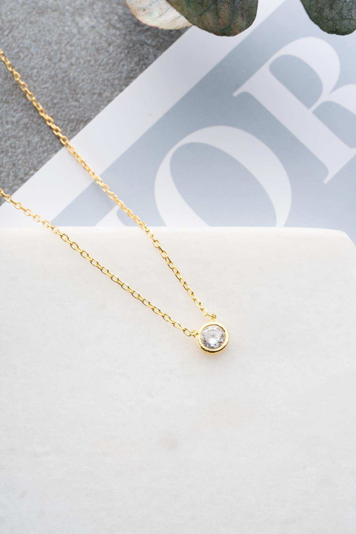 925 Ayar Gümüş Gold Kaplama Minimal Tektaş Kolye