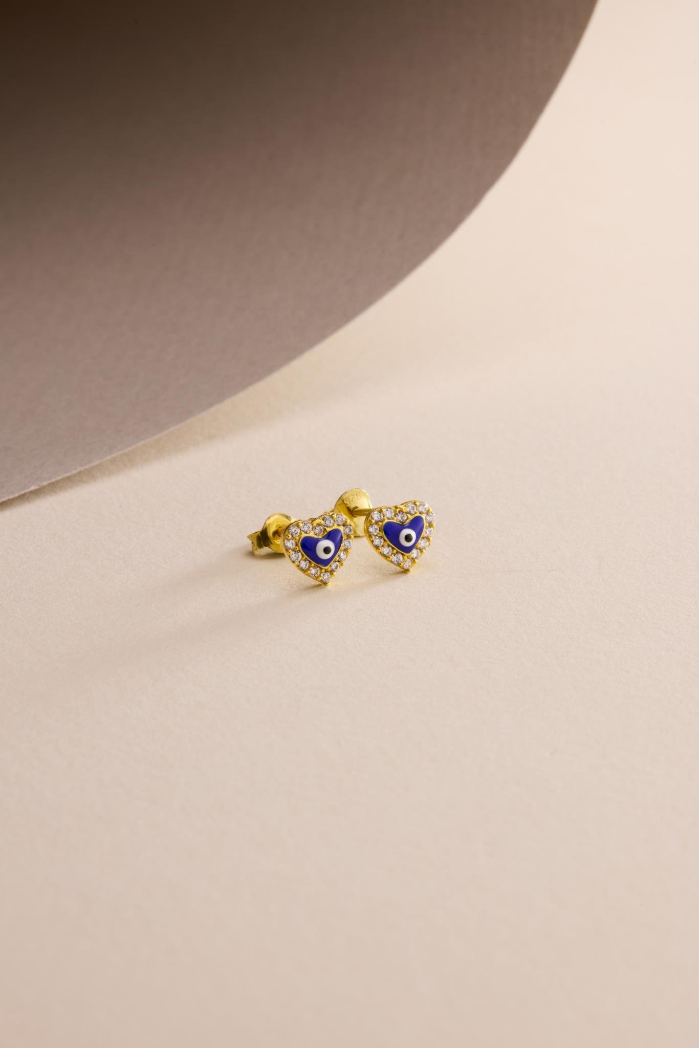 925 Ayar Gümüş Gold Kaplama Nazar Kalp Model Küpe