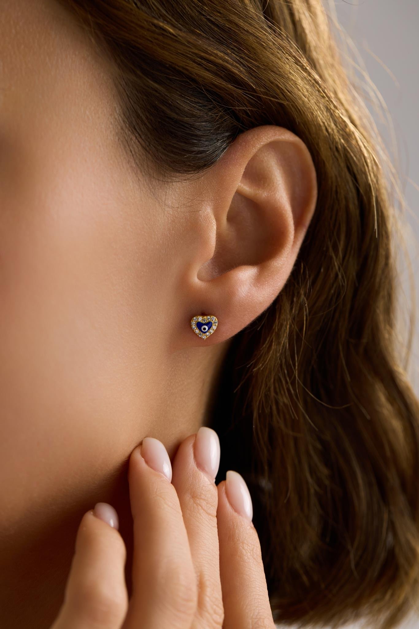 925 Ayar Gümüş Gold Kaplama Nazar Kalp Model Küpe