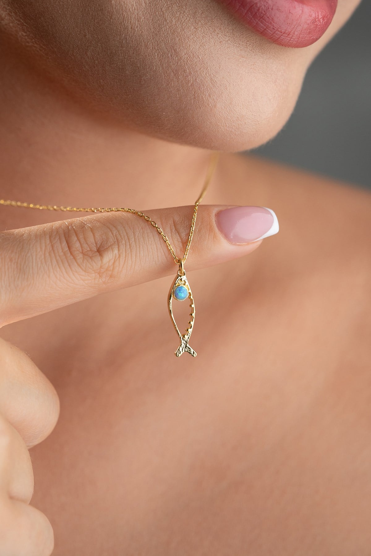 925 Ayar Gümüş Gold Kaplama Opal Taş Gözlü Şans Balık Kolye