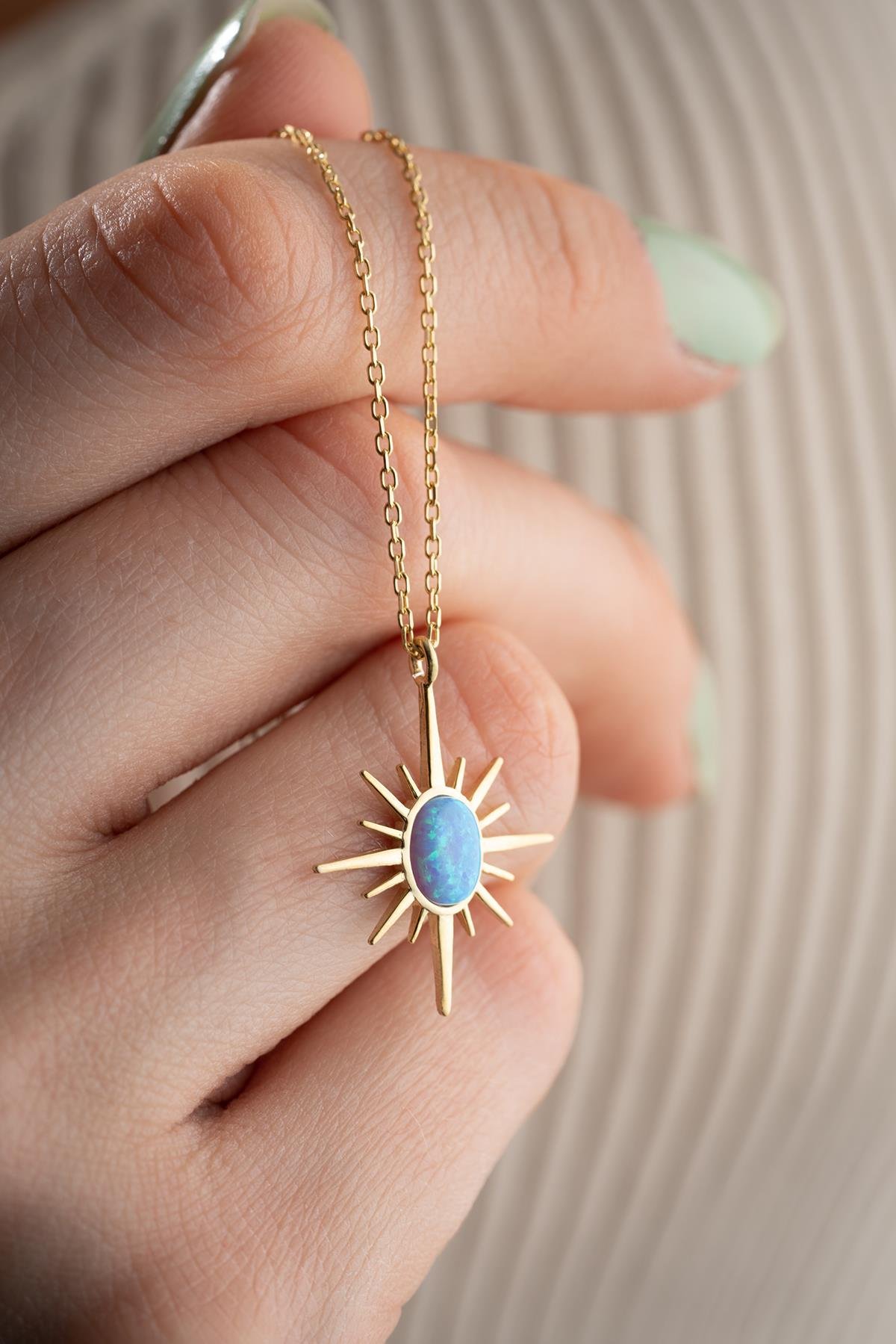 925 Ayar Gümüş Gold Kaplama Opal Taşlı Kutup Yıldızı Kolye