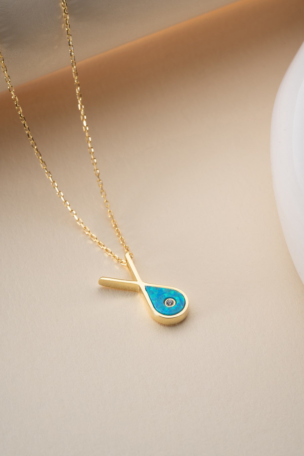 925 Ayar Gümüş Gold Kaplama Opal Taşlı Şans Balık Kolye