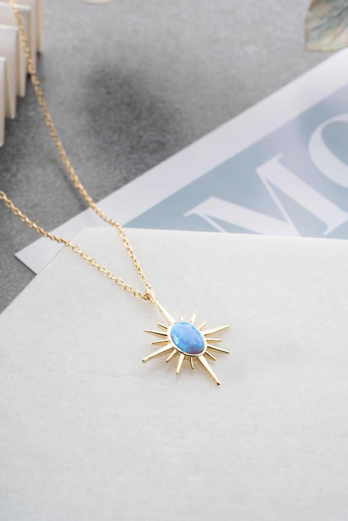 925 Ayar Gümüş Gold Kaplama Opal Taşlı Kutup Yıldızı Kolye