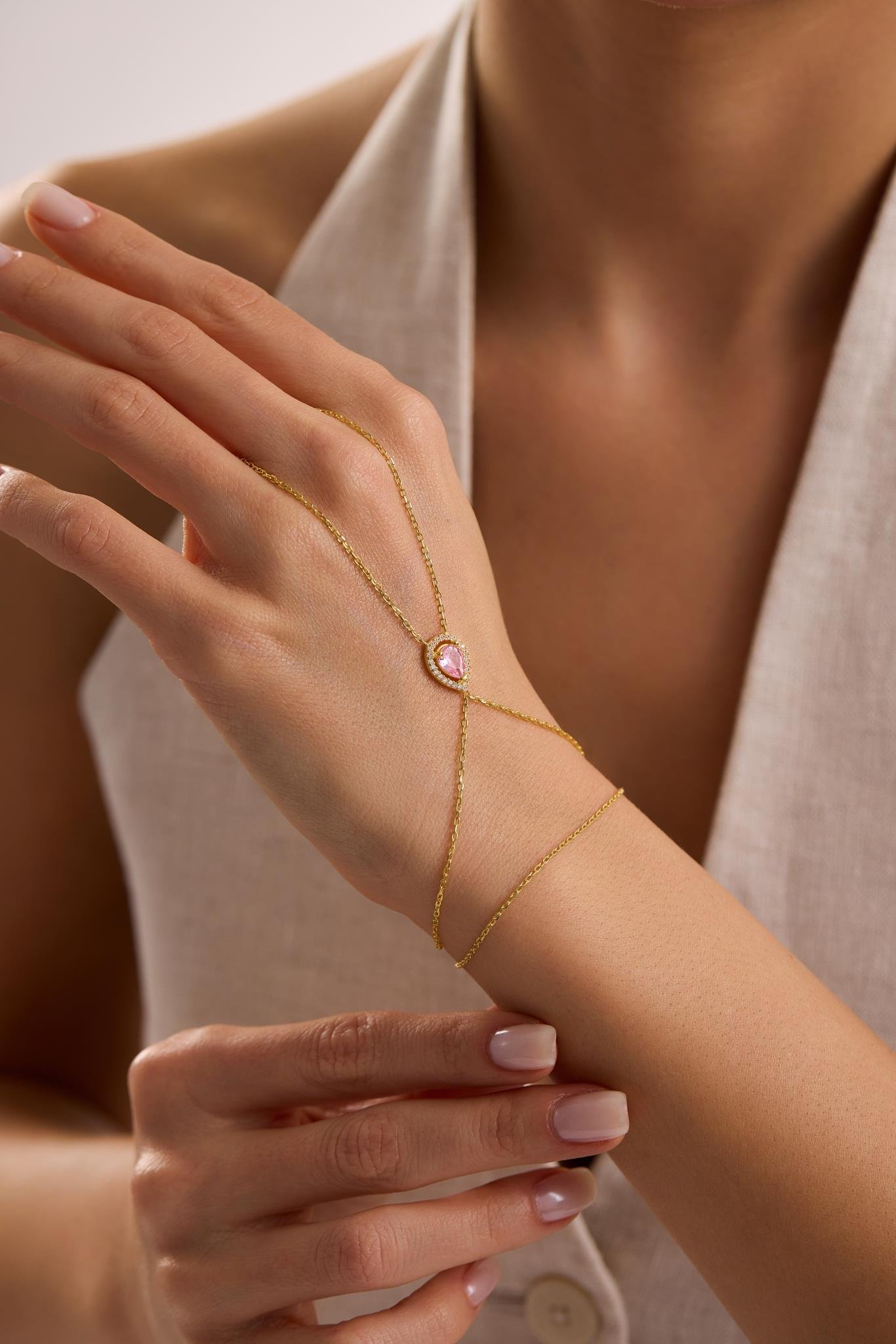 925 Ayar Gümüş Gold Kaplama Pembe Damla Taşlı Şahmeran Bileklik 