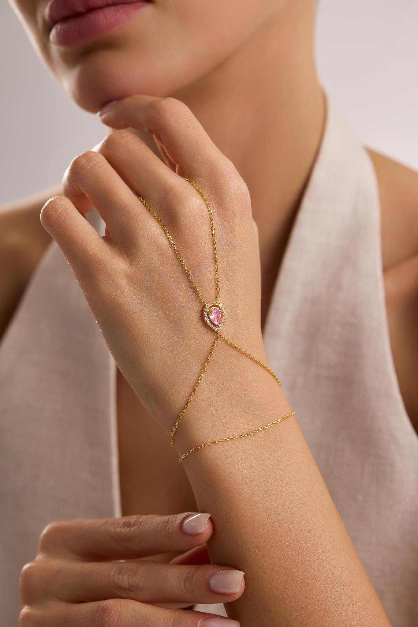 925 Ayar Gümüş Gold Kaplama Pembe Damla Taşlı Şahmeran Bileklik 
