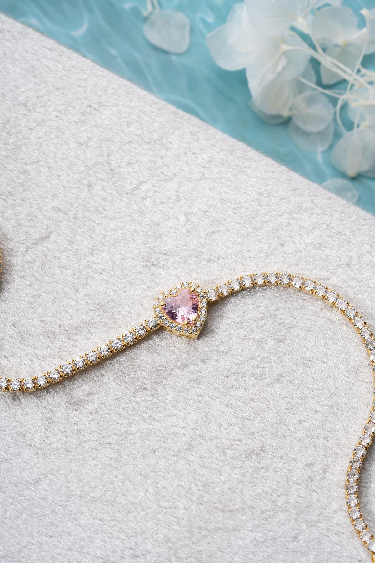 925 Ayar Gümüş Gold Kaplama Pembe Taşlı Kalp 2 mm Zirkon Taşlı Suyolu Bileklik 