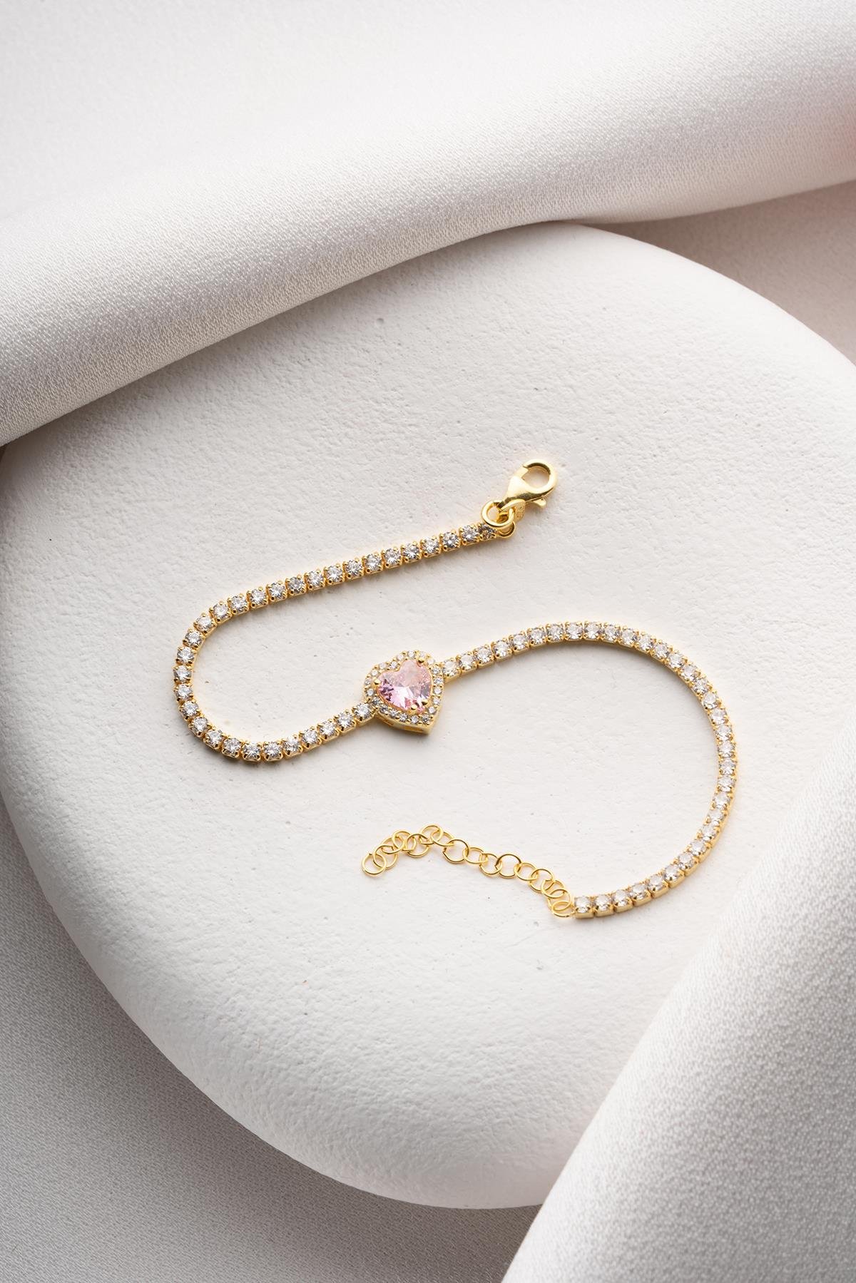 925 Ayar Gümüş Gold Kaplama Pembe Taşlı Kalp 2 mm Zirkon Taşlı Suyolu Bileklik 