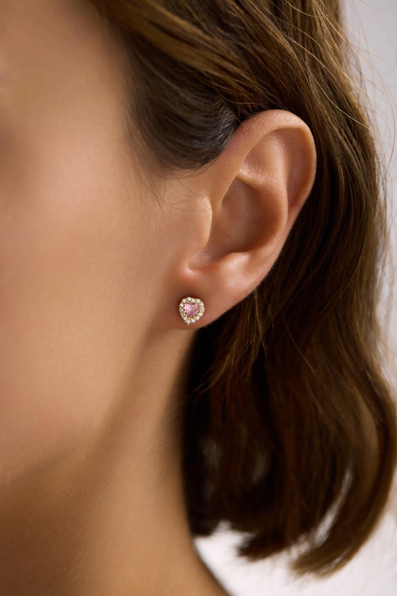 925 Ayar Gümüş Gold Kaplama Pembe Taşlı Kalp Model Küpe