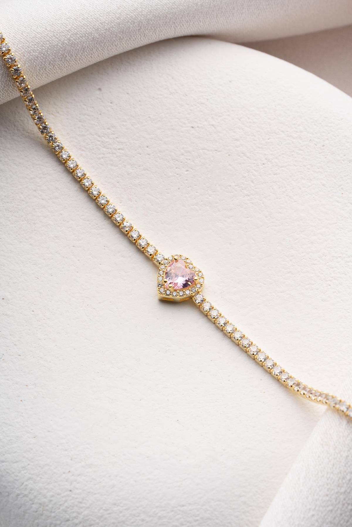 925 Ayar Gümüş Gold Kaplama Pembe Taşlı Kalp 2 mm Zirkon Taşlı Suyolu Bileklik 