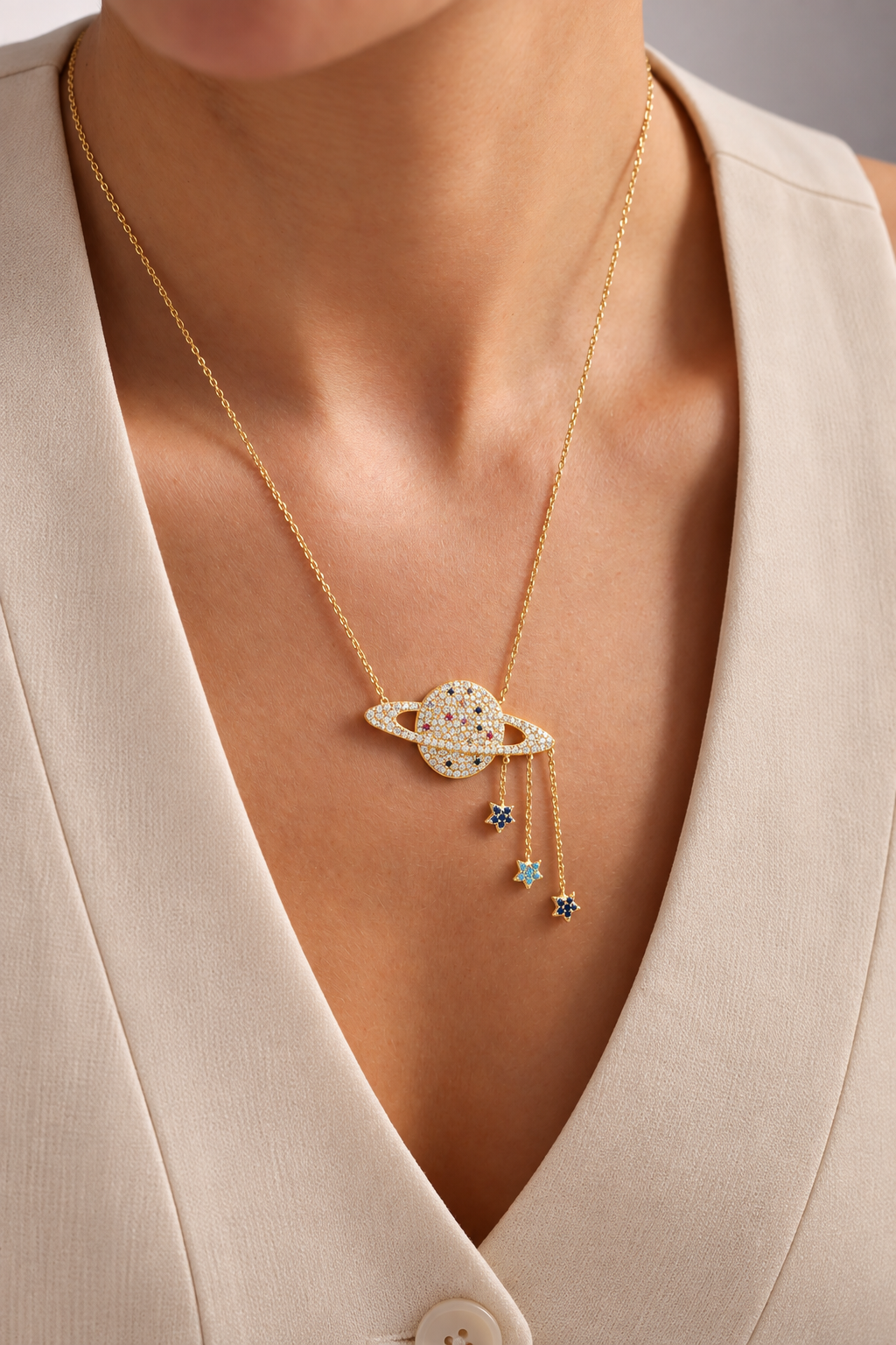 925 Ayar Gümüş Gold Kaplama Sallantı Yıldızlı Gezegen Kolye