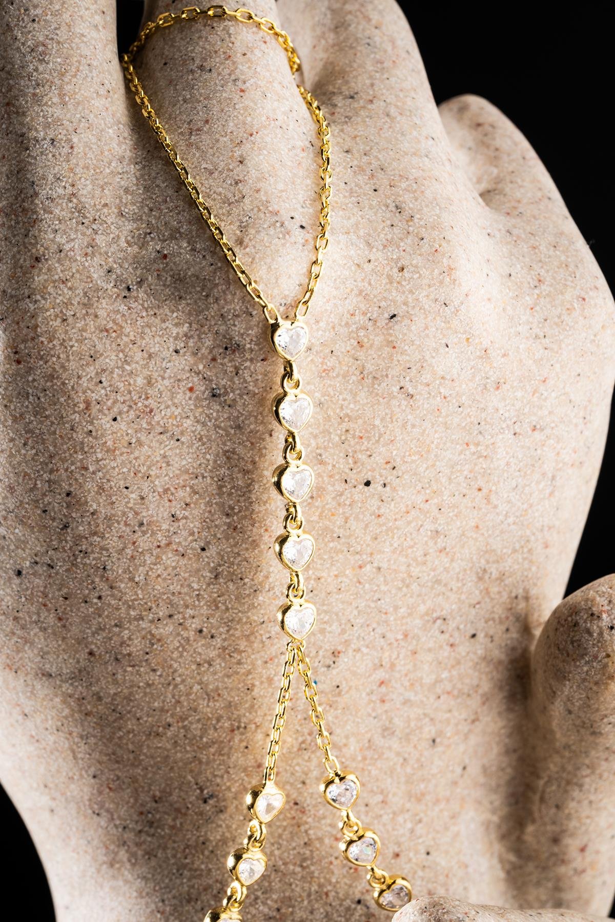 925 Ayar Gümüş Gold Kaplama Sıralı Kalp Model Şahmeran Bileklik 