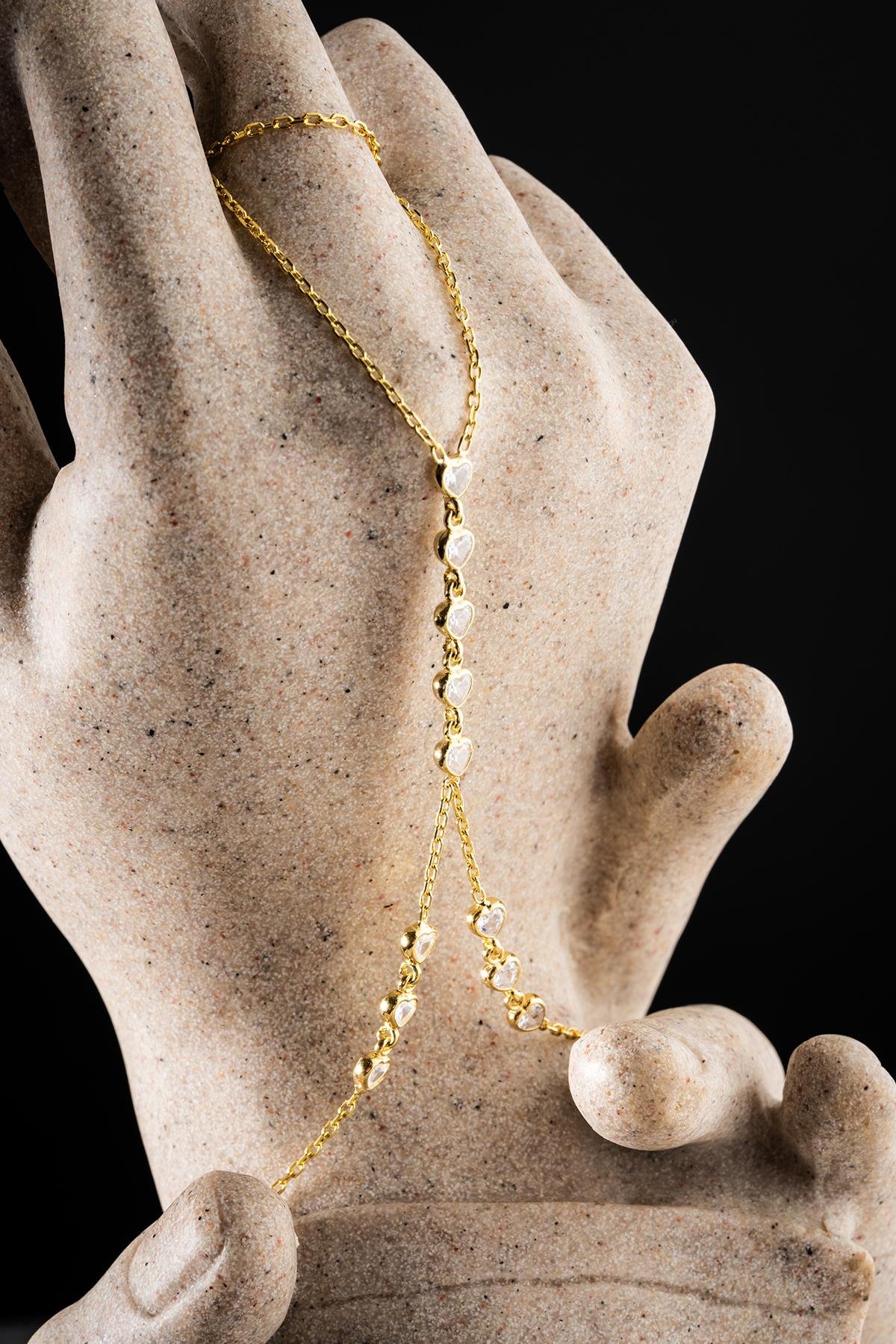 925 Ayar Gümüş Gold Kaplama Sıralı Kalp Model Şahmeran Bileklik 