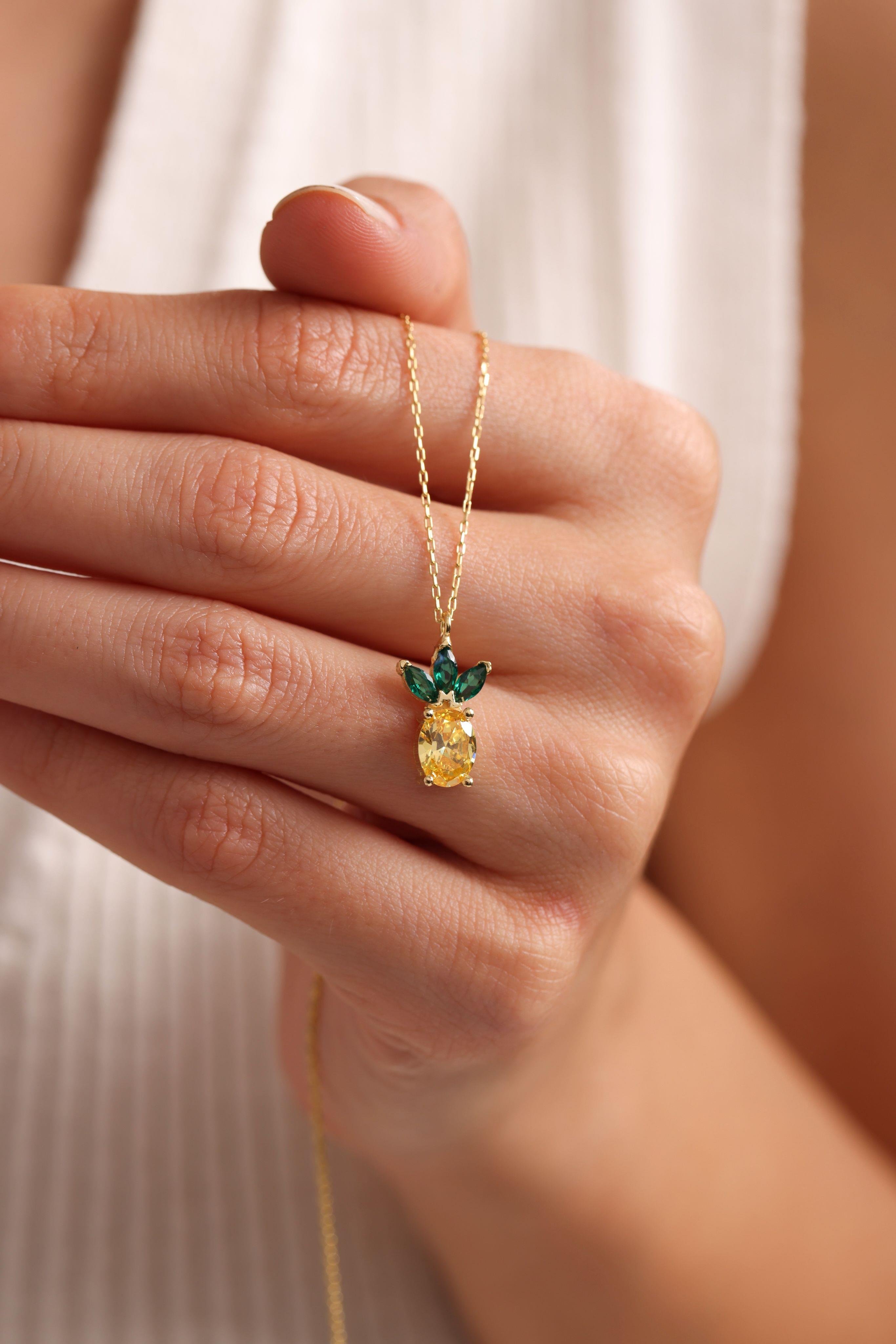 925 Ayar Gümüş Gold Kaplama Sitrin Taşlı Ananas Kolye