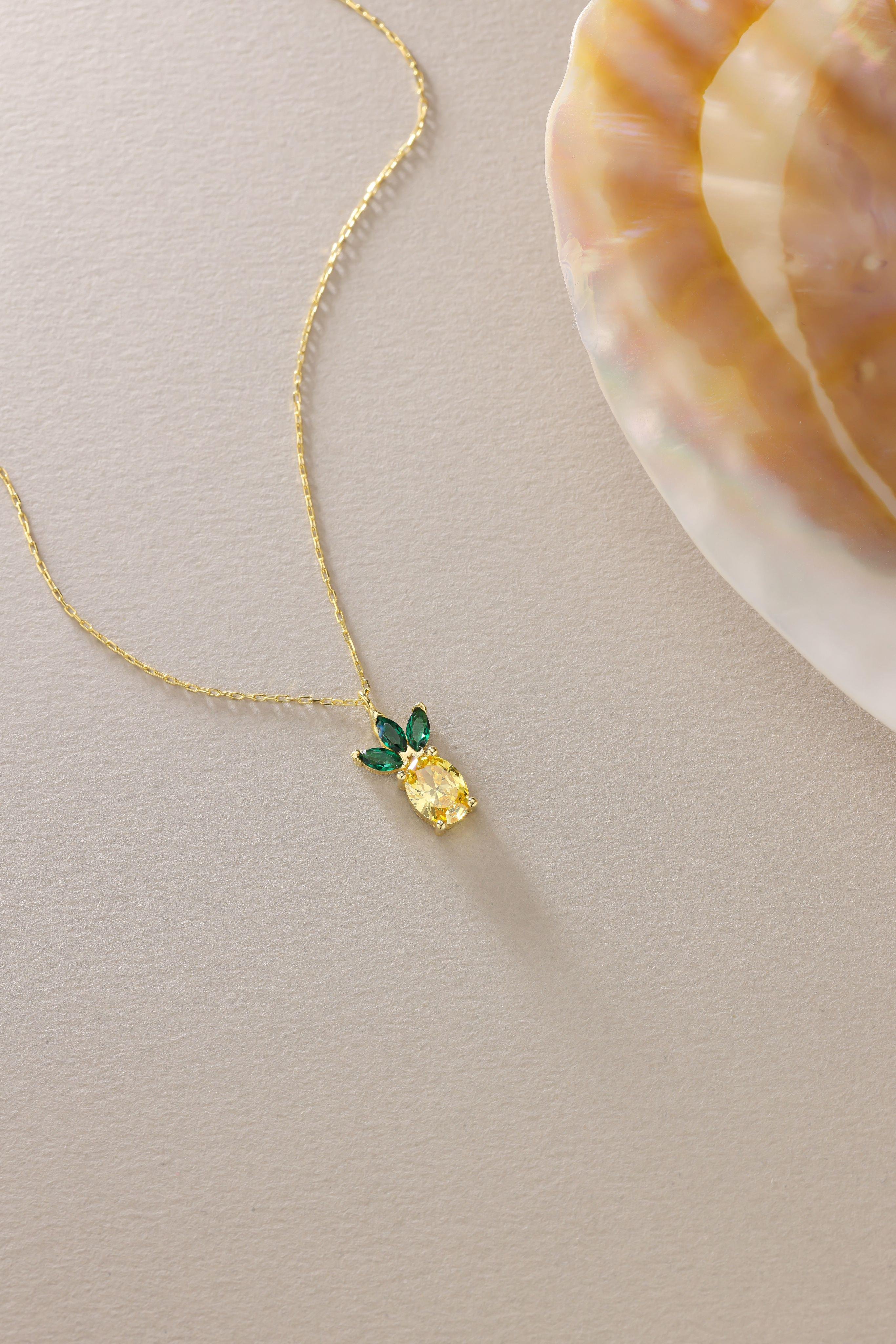 925 Ayar Gümüş Gold Kaplama Sitrin Taşlı Ananas Kolye