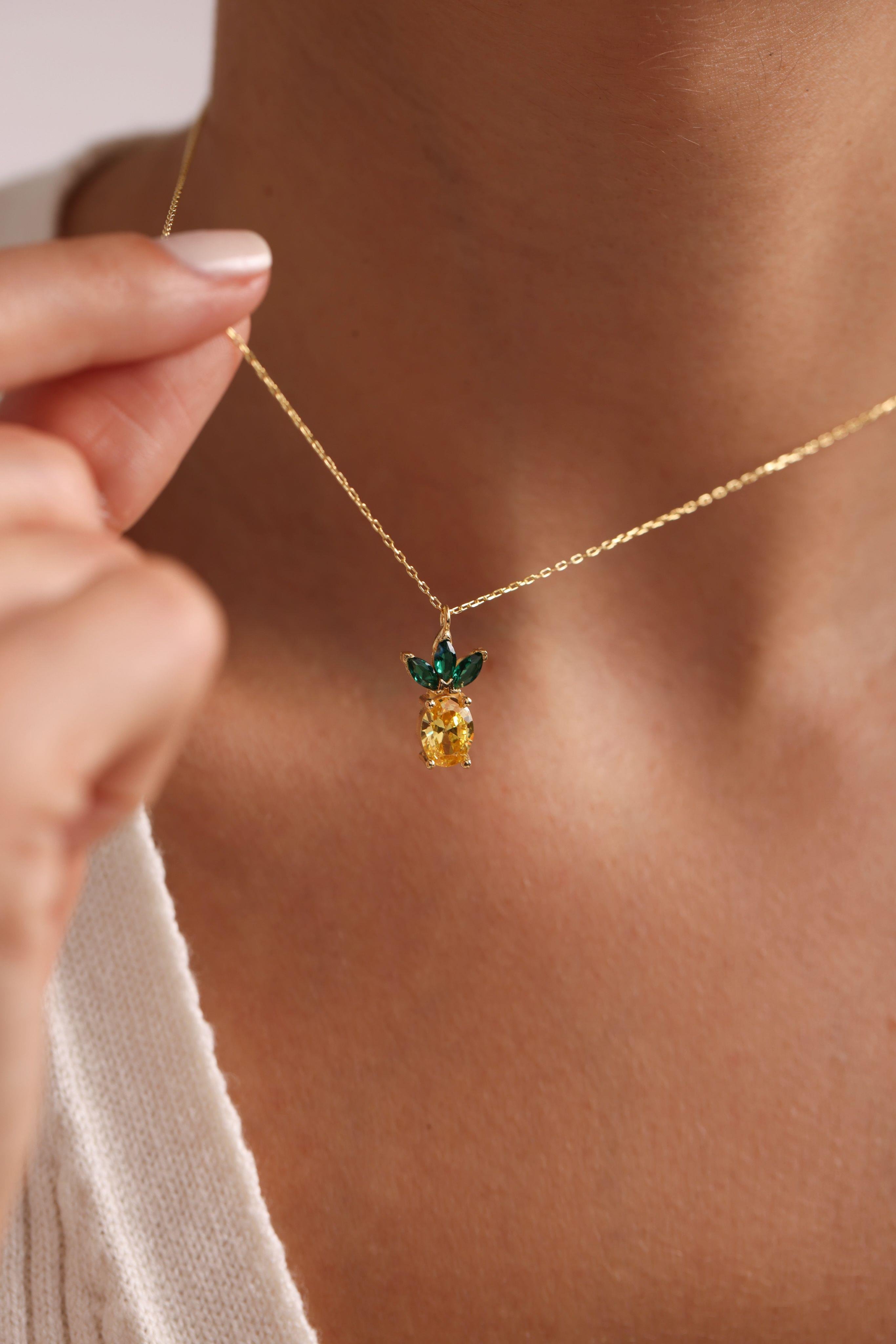 925 Ayar Gümüş Gold Kaplama Sitrin Taşlı Ananas Kolye