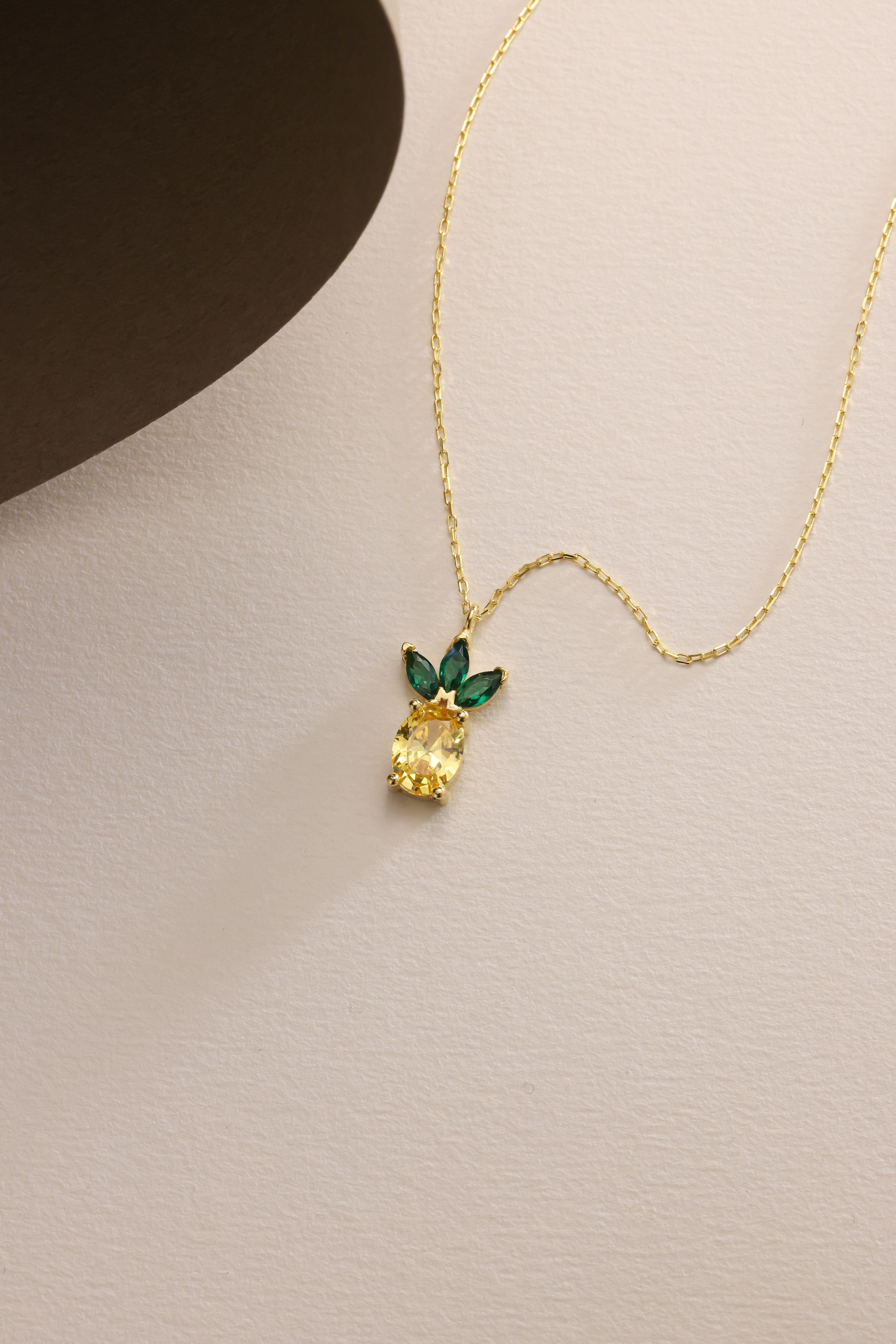 925 Ayar Gümüş Gold Kaplama Sitrin Taşlı Ananas Kolye