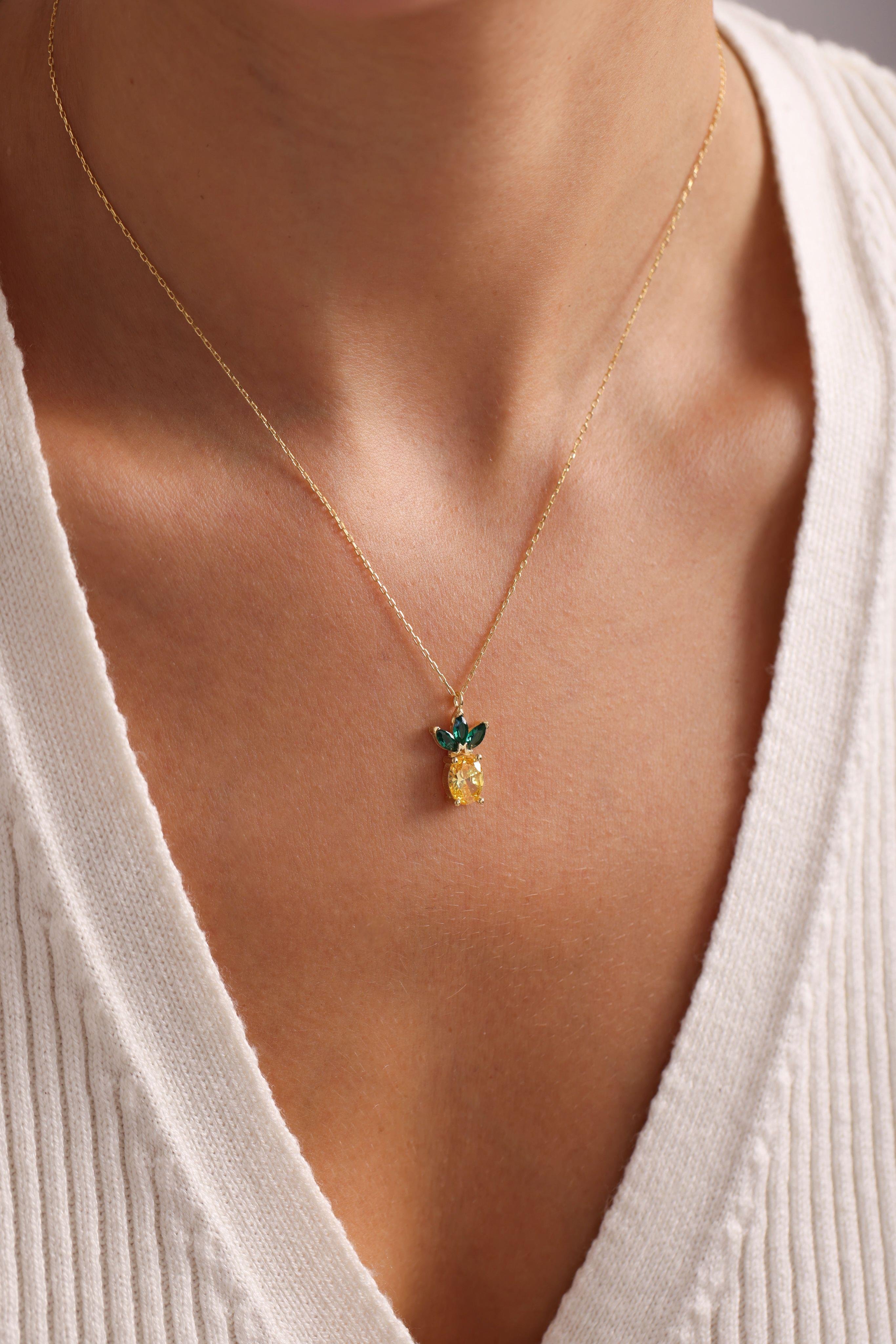 925 Ayar Gümüş Gold Kaplama Sitrin Taşlı Ananas Kolye