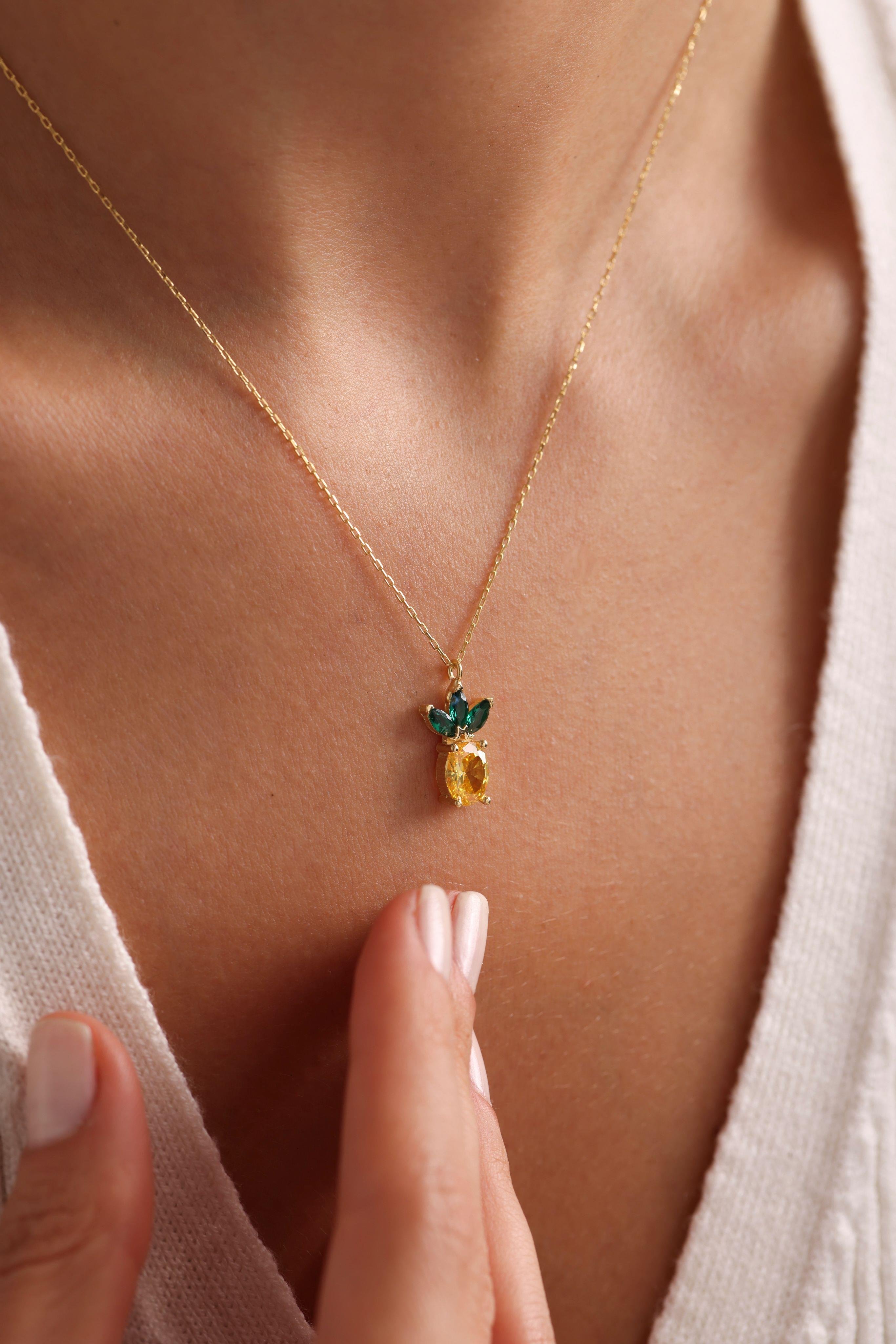 925 Ayar Gümüş Gold Kaplama Sitrin Taşlı Ananas Kolye