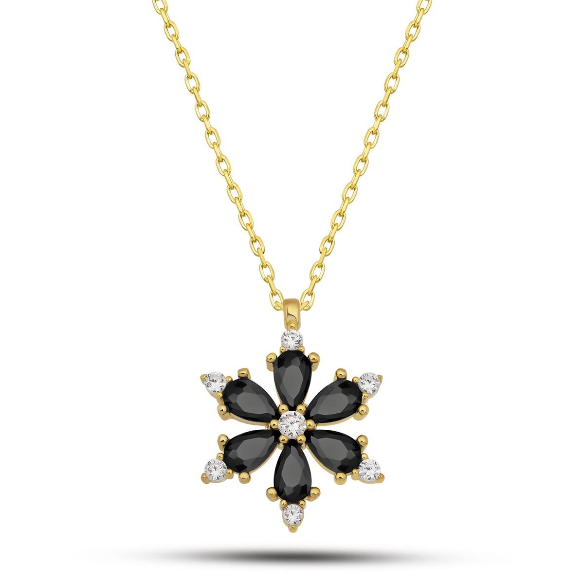 925 Ayar Gümüş Gold Kaplama Siyah Taşlı Lotus Kamelya Çiçeği Kolye