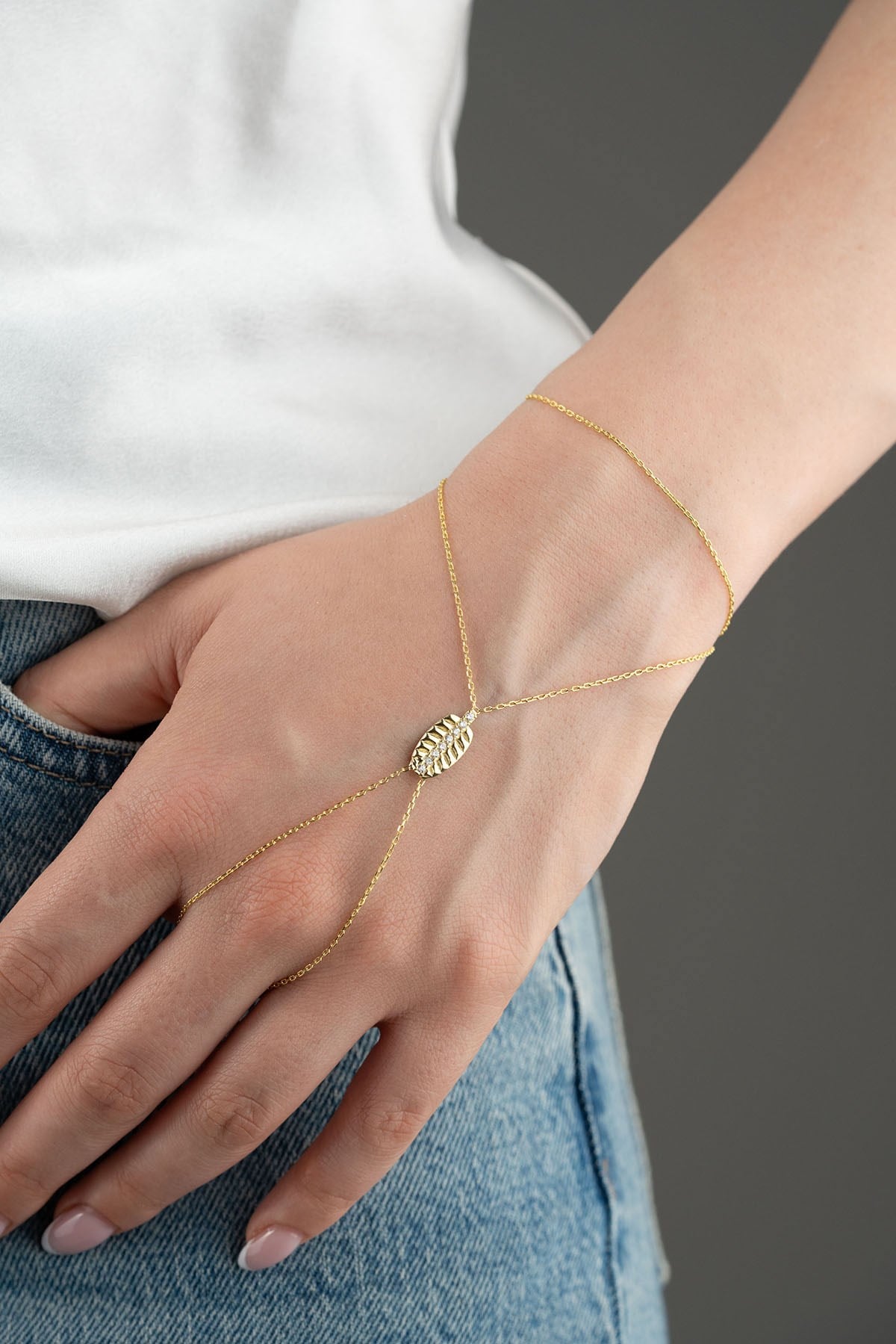 925 Ayar Gümüş Gold Kaplama Yaprak Model Şahmeran Bileklik 
