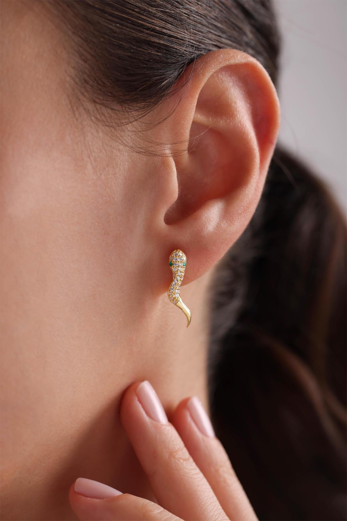 925 Ayar Gümüş Gold Kaplama Zirkon Taşlı Yılan Model Küpe