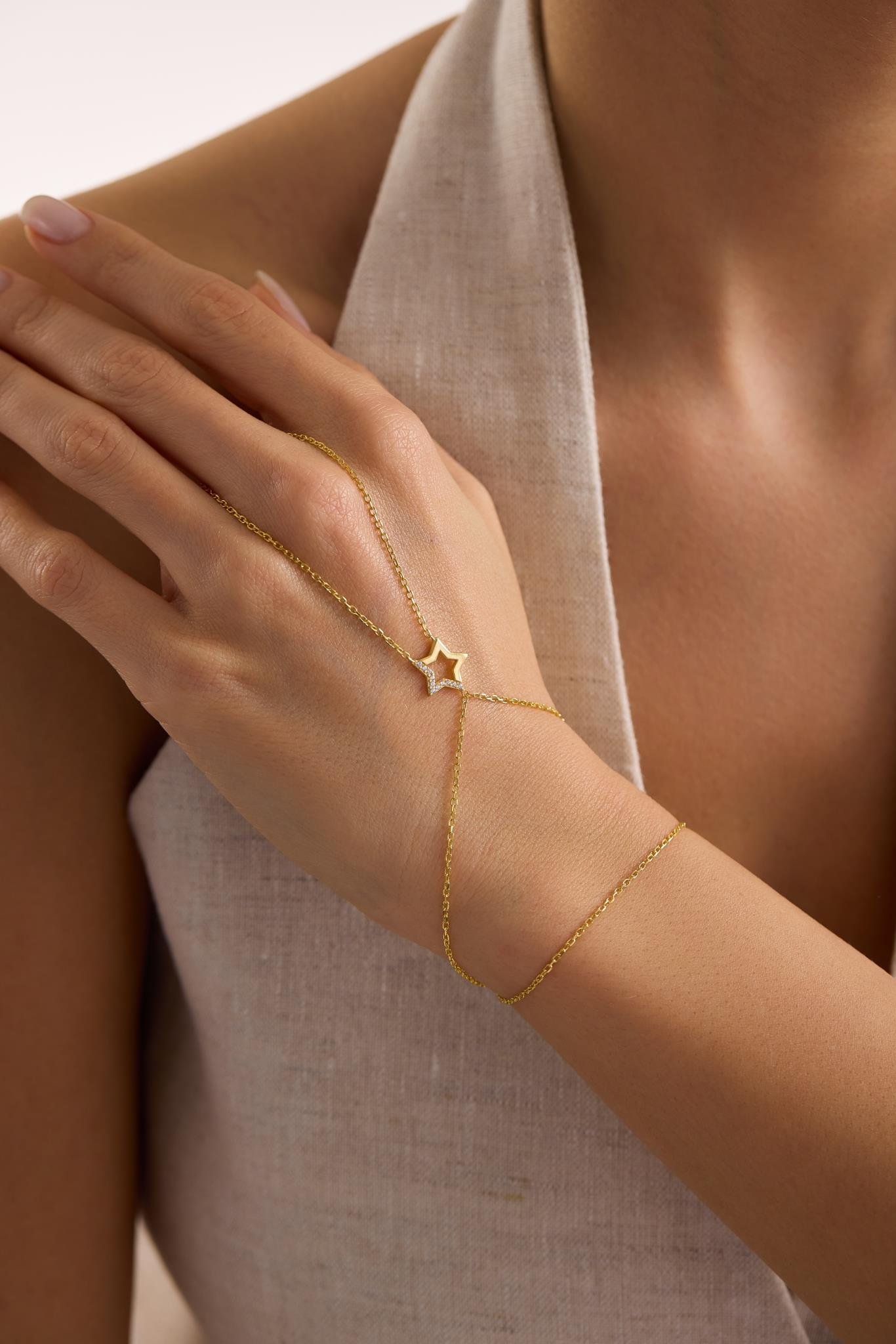 925 Ayar Gümüş Gold Kaplama Zirkon Taşlı Yıldız Şahmeran Bileklik 