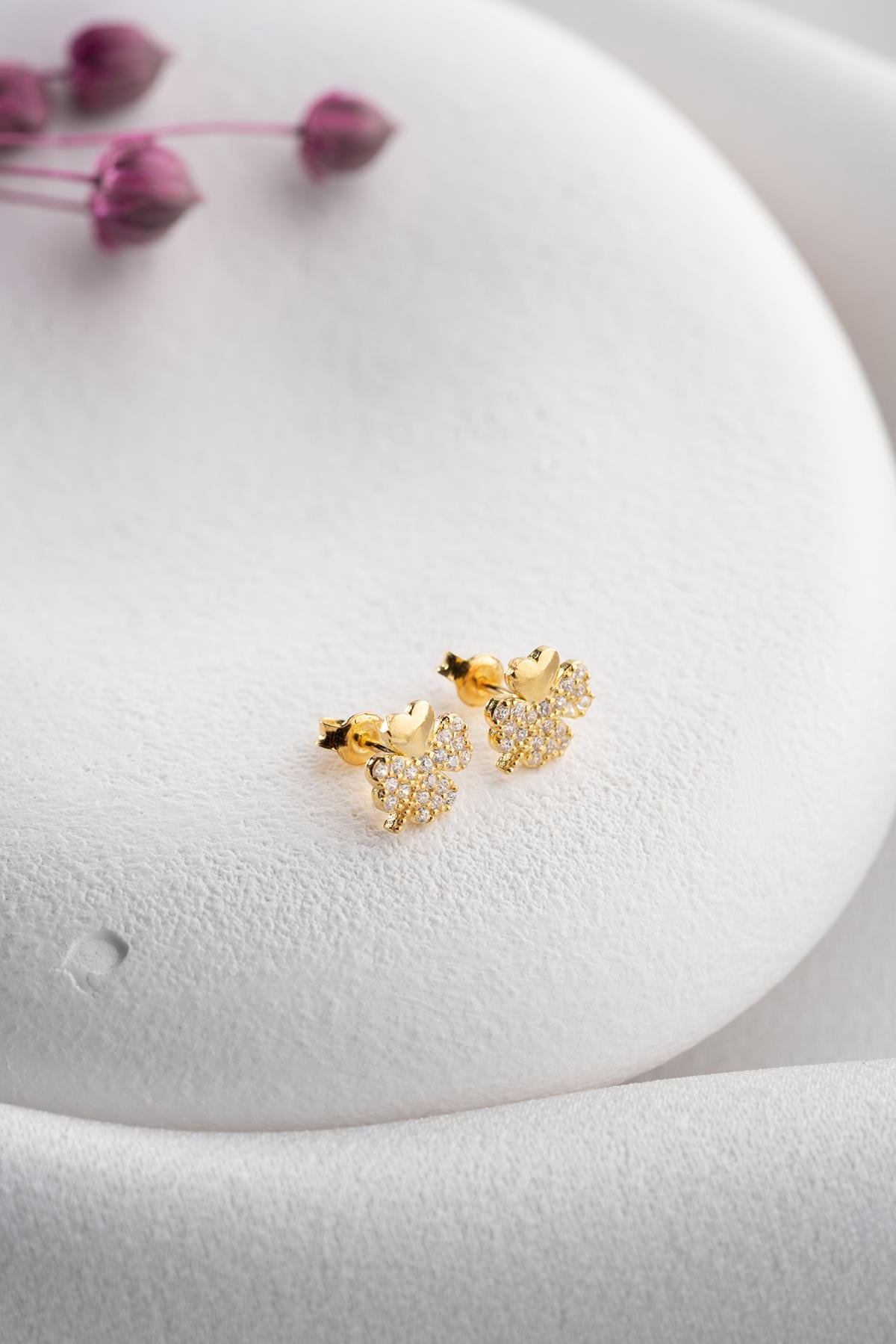 925 Ayar Gümüş Gold Kaplama Zirkon Taşlı 4 Yaprak Yonca Küpe