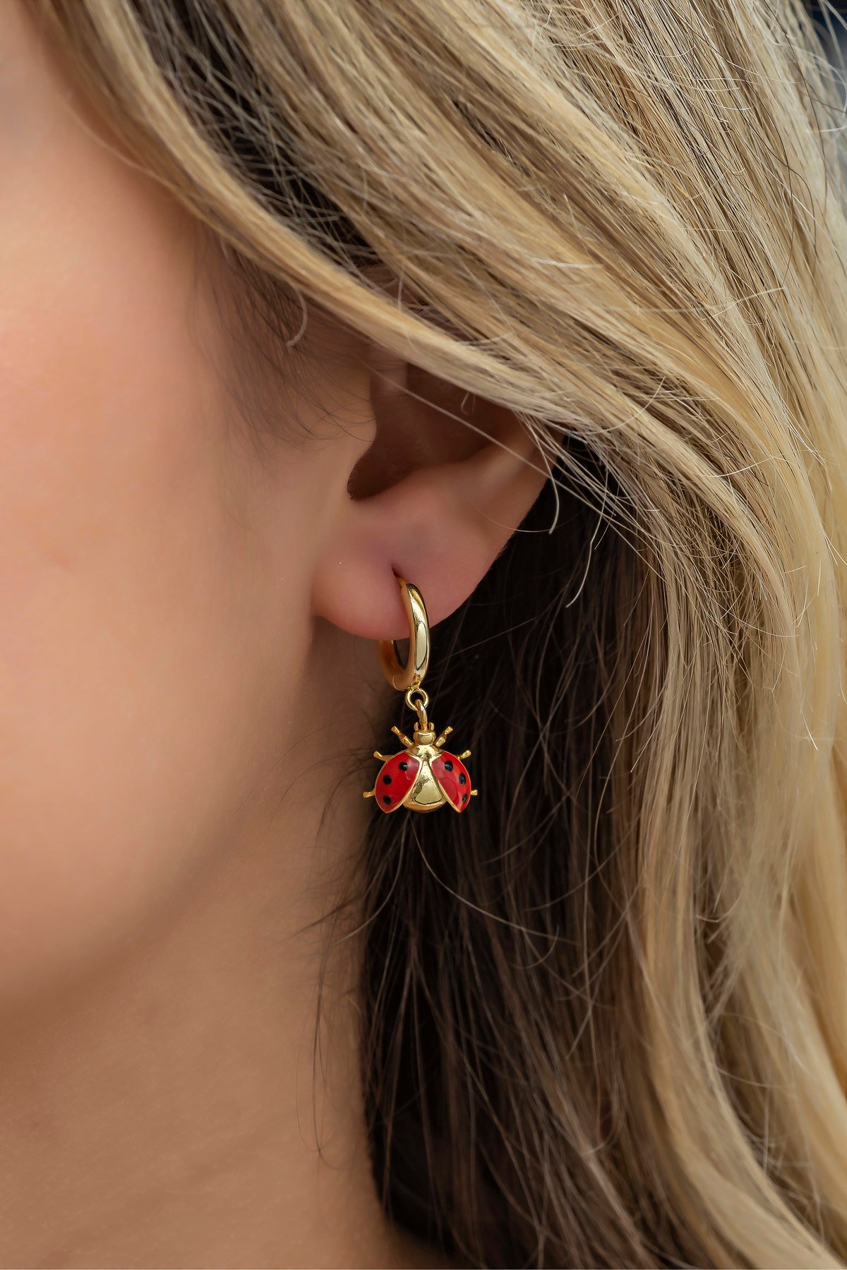 925 Ayar Gümüş Gold Mineli Uğur Böceği Küpe