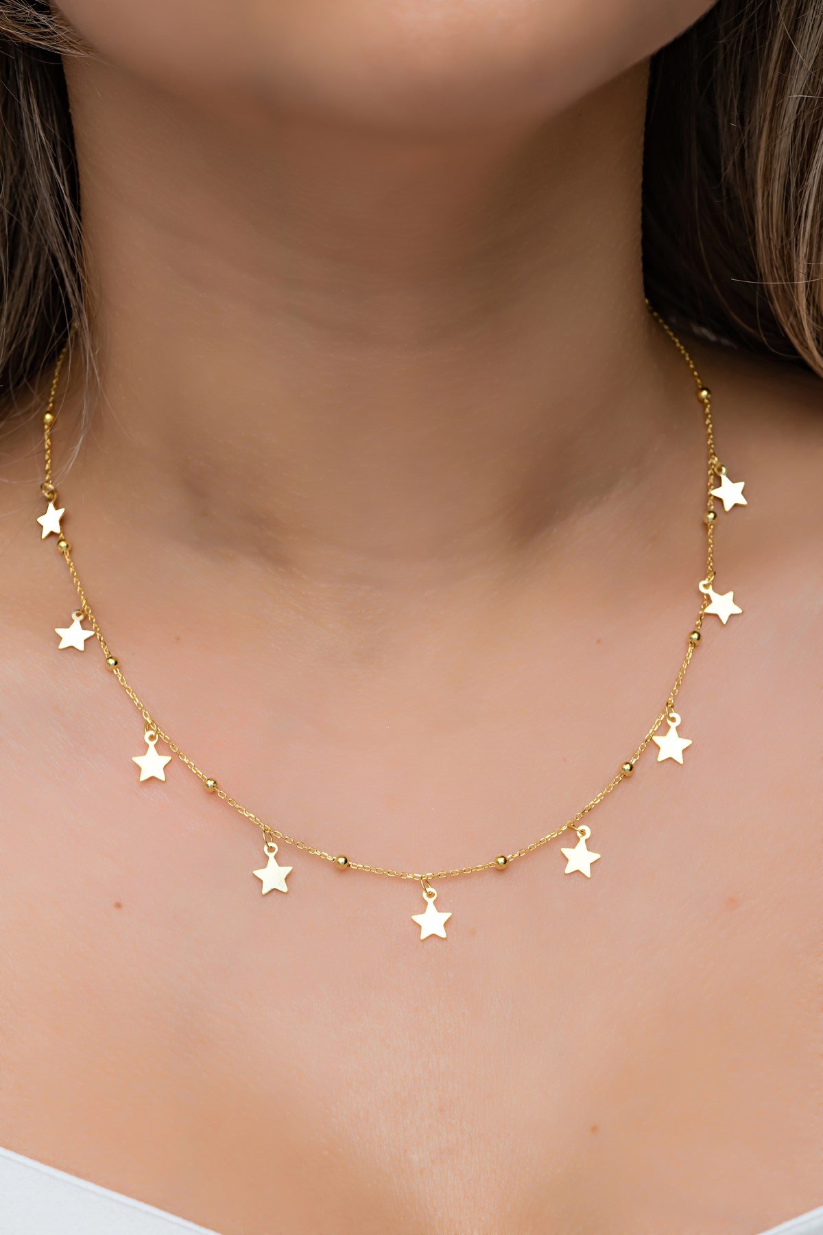 925 Ayar Gümüş Gold Minik Toplu Yıldızlı Şans Kolye