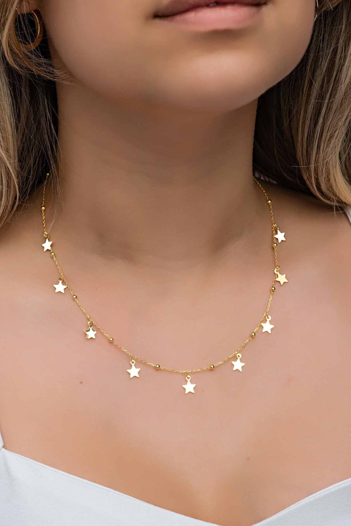 925 Ayar Gümüş Gold Minik Toplu Yıldızlı Şans Kolye