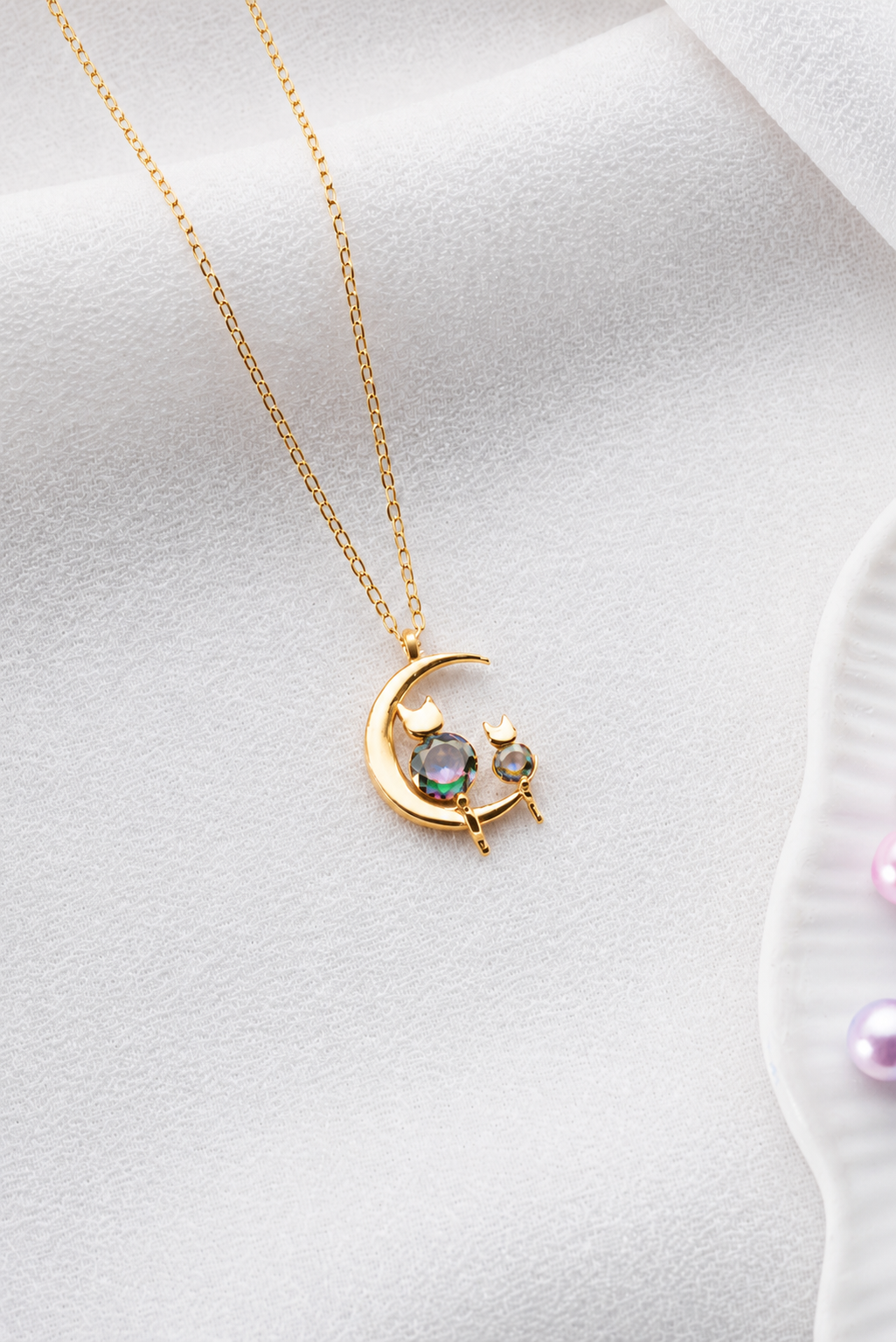 925 Ayar Gümüş Gold Mistik Topaz Taşlı Ay Üstünde Kedi Kolye