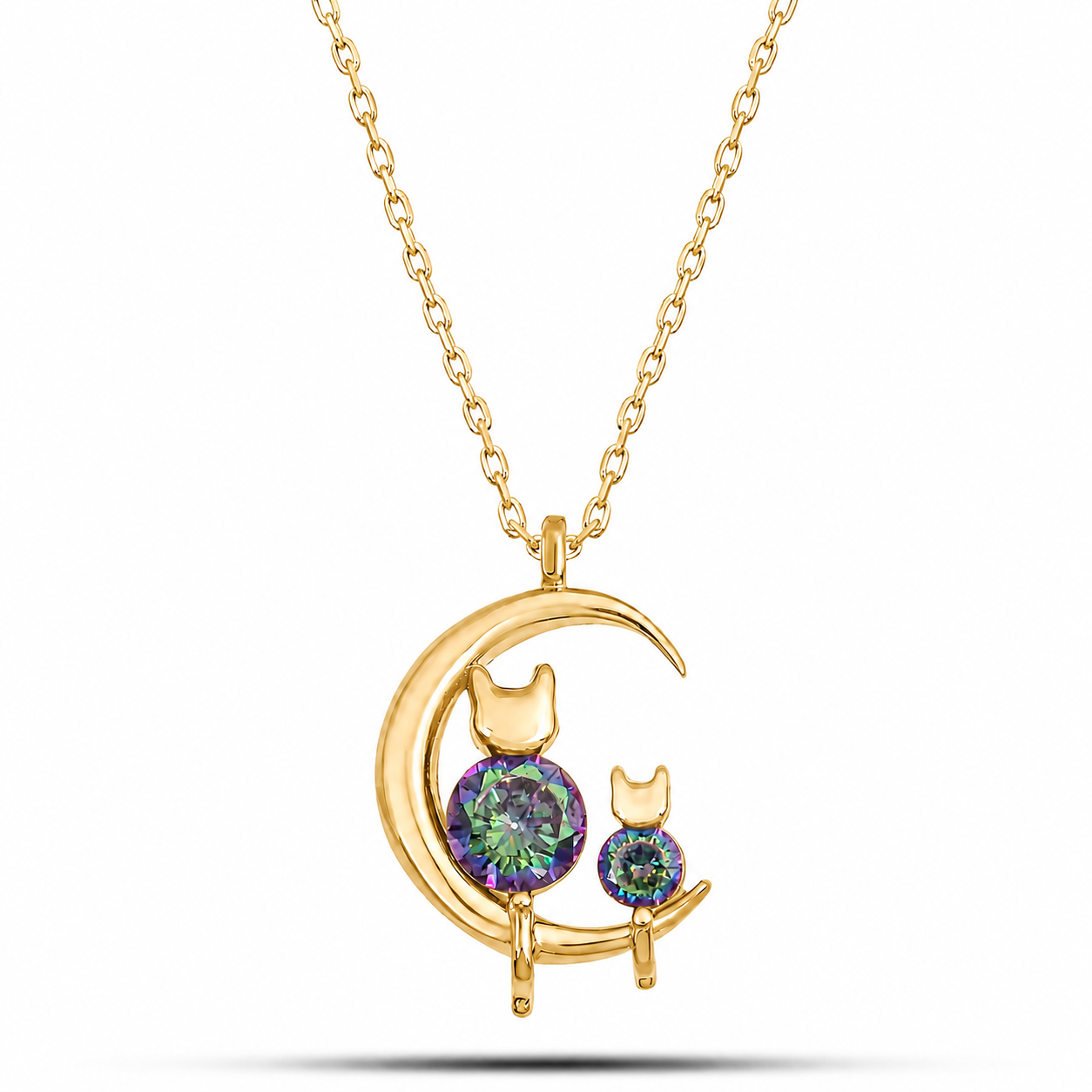 925 Ayar Gümüş Gold Mistik Topaz Taşlı Ay Üstünde Kedi Kolye