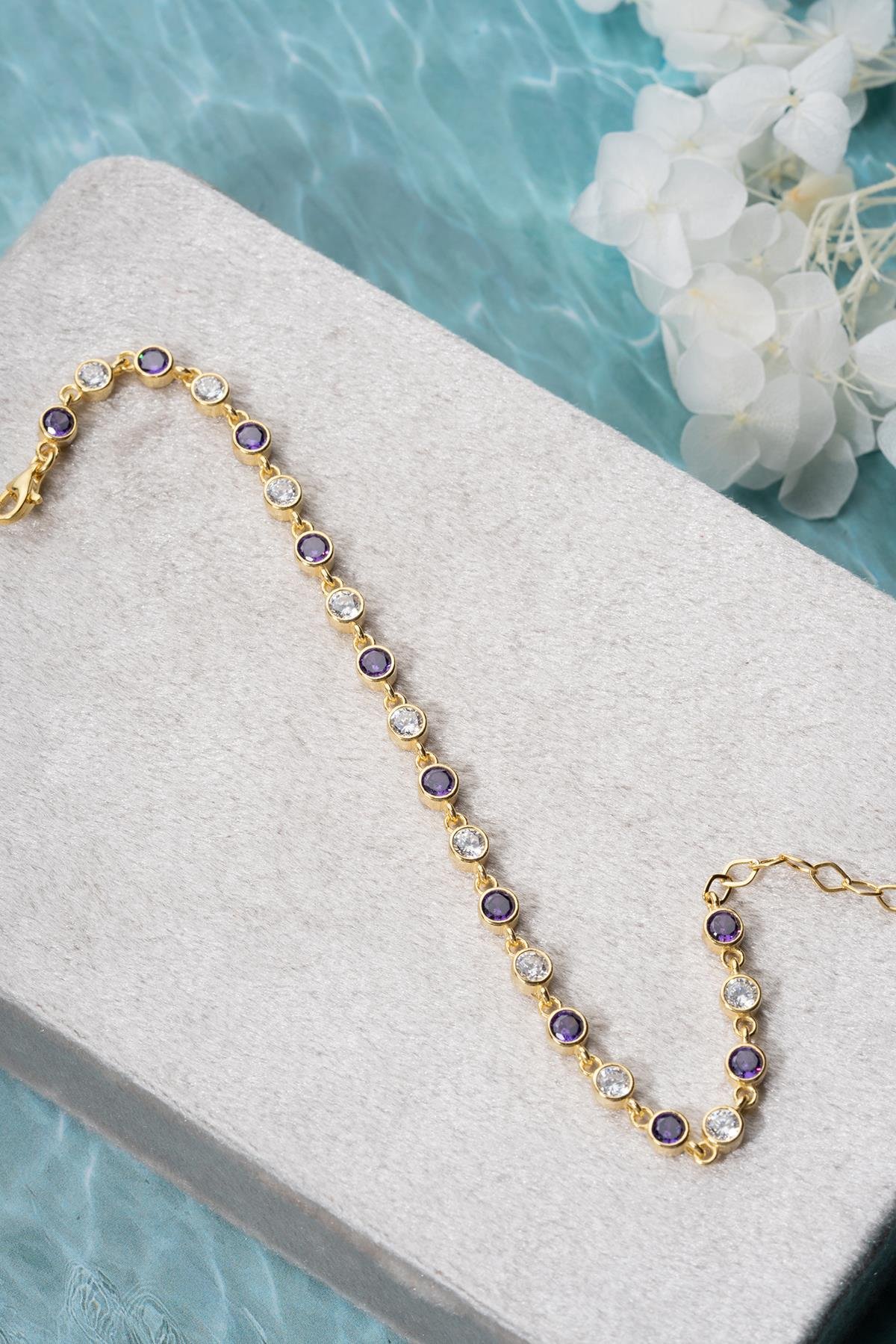 925 Ayar Gümüş Gold Mor Taşlı Yuvarlak Tasarım Bileklik