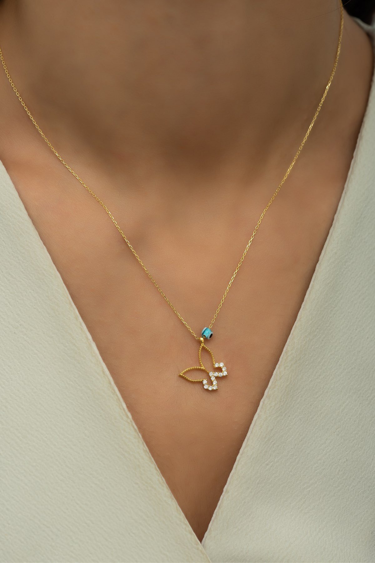 925 Ayar Gümüş Gold Nazar Göz Kelebek Kolye