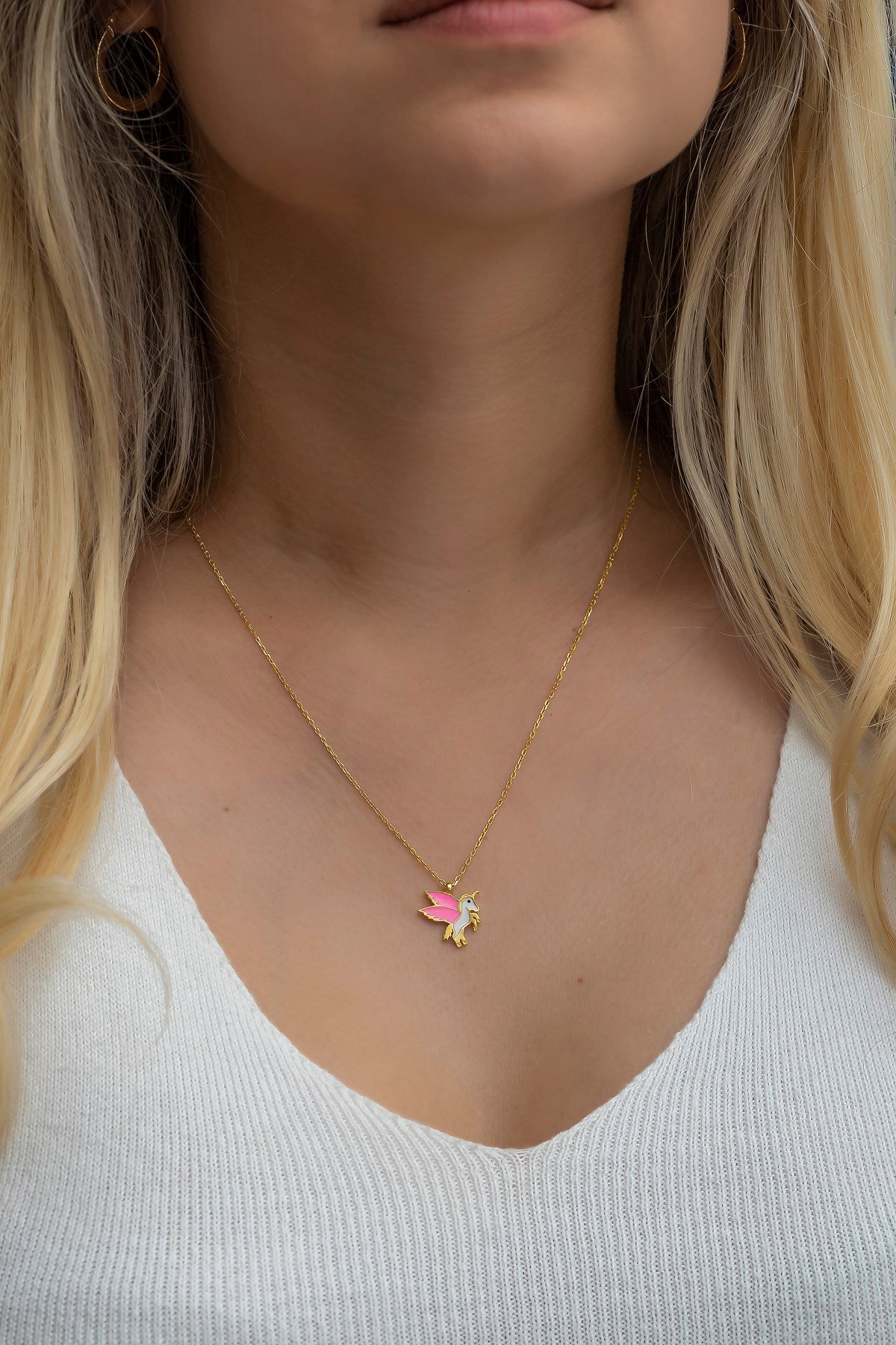 925 Ayar Gümüş Gold Pembe Mineli Unicorn Kolye