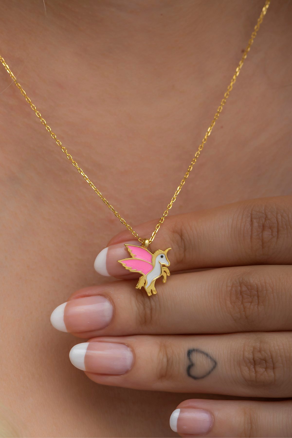 925 Ayar Gümüş Gold Pembe Mineli Unicorn Kolye