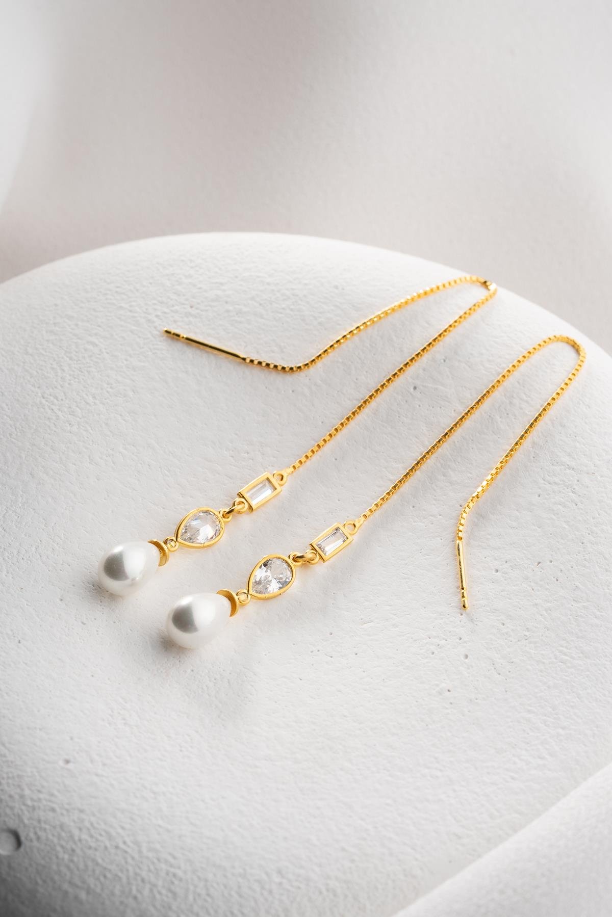 925 Ayar Gümüş Gold Sallantılı İncili 2 Element Zincir Küpe