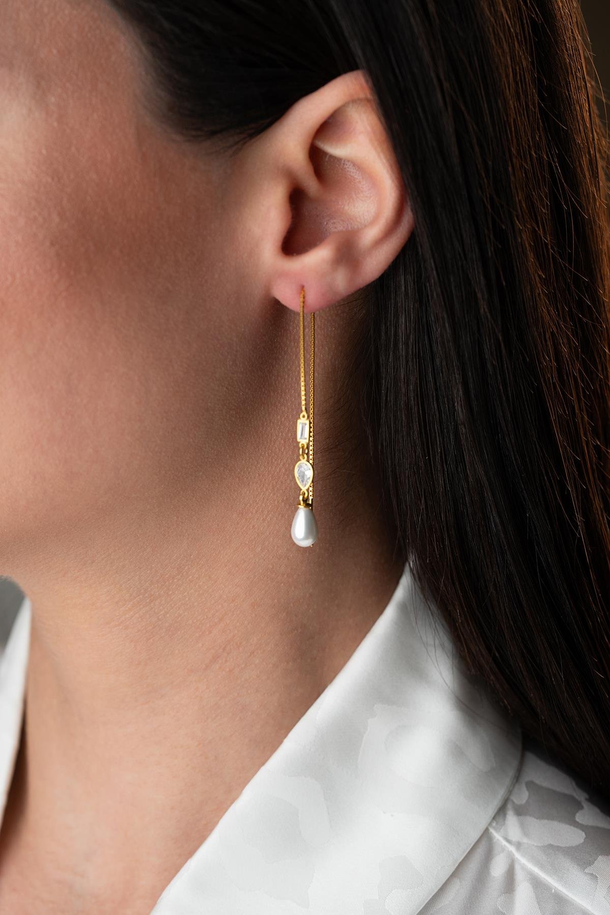 925 Ayar Gümüş Gold Sallantılı İncili 2 Element Zincir Küpe