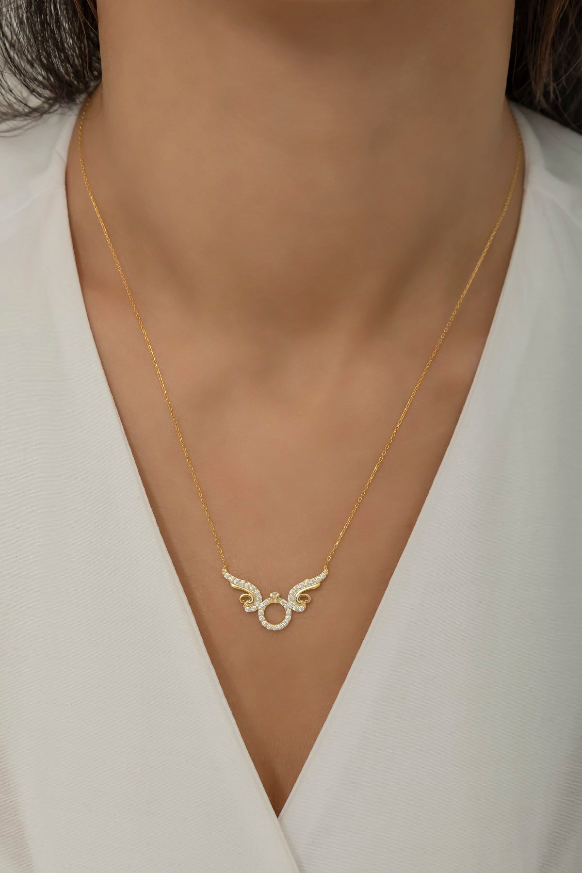 925 Ayar Gümüş Gold Uçuşan Kanatlı Tektaş Yüzük Kolye