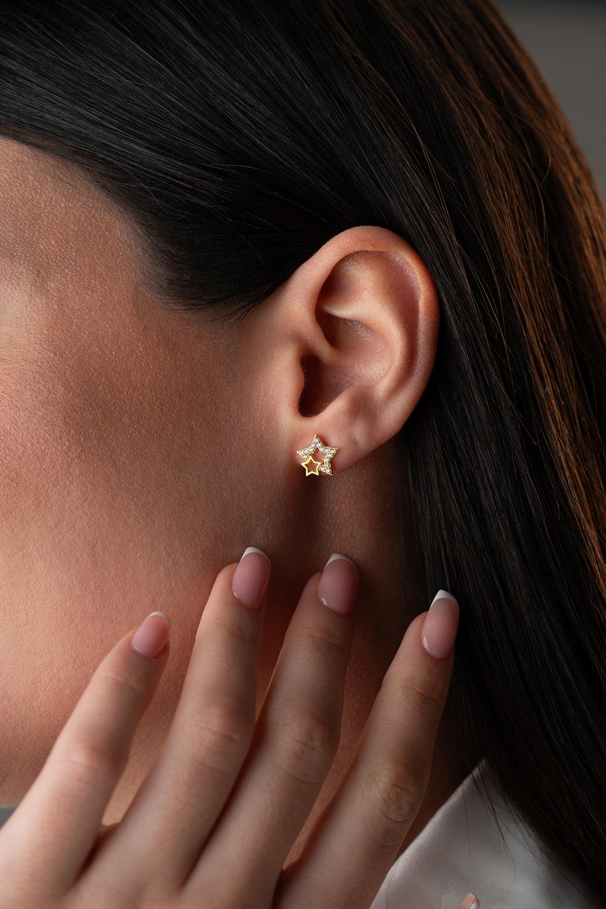 925 Ayar Gümüş Gold Zirkon Taşlı Çift Yıldız Model Küpe