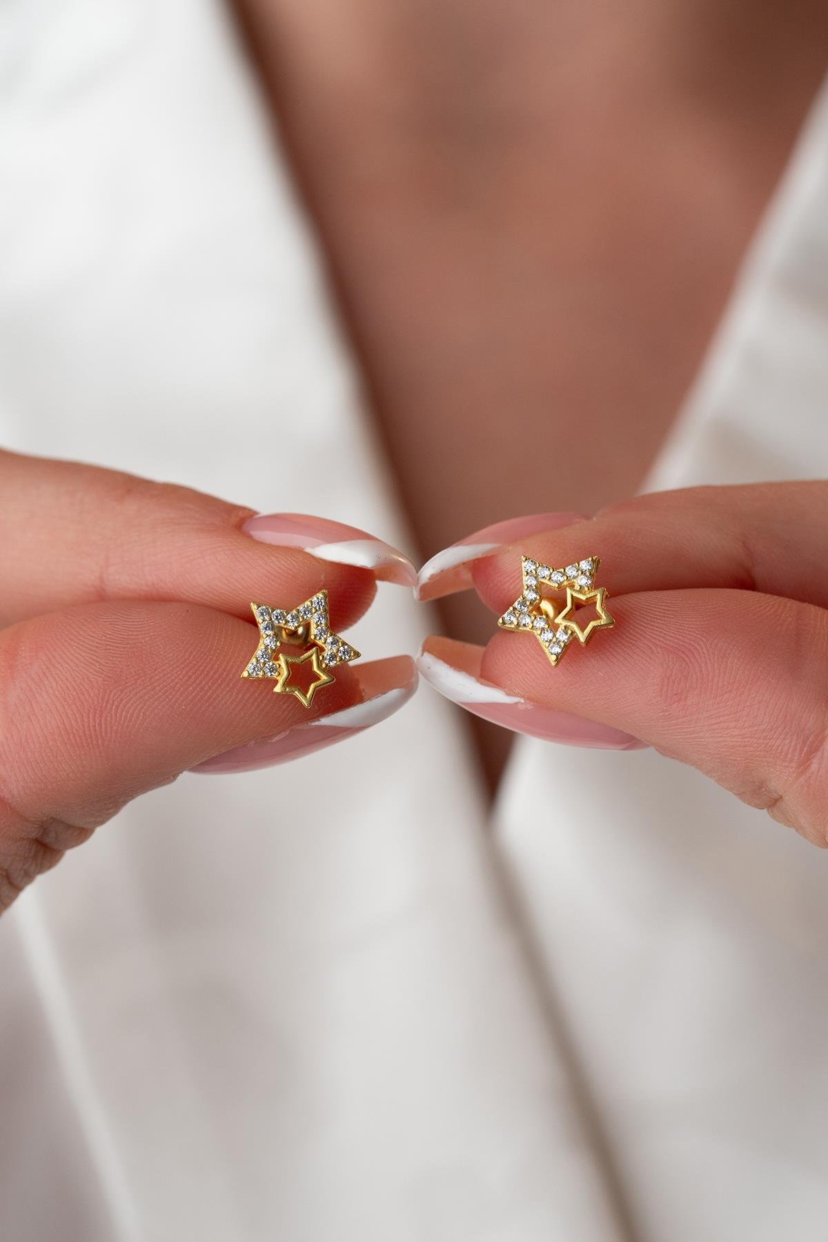 925 Ayar Gümüş Gold Zirkon Taşlı Çift Yıldız Model Küpe